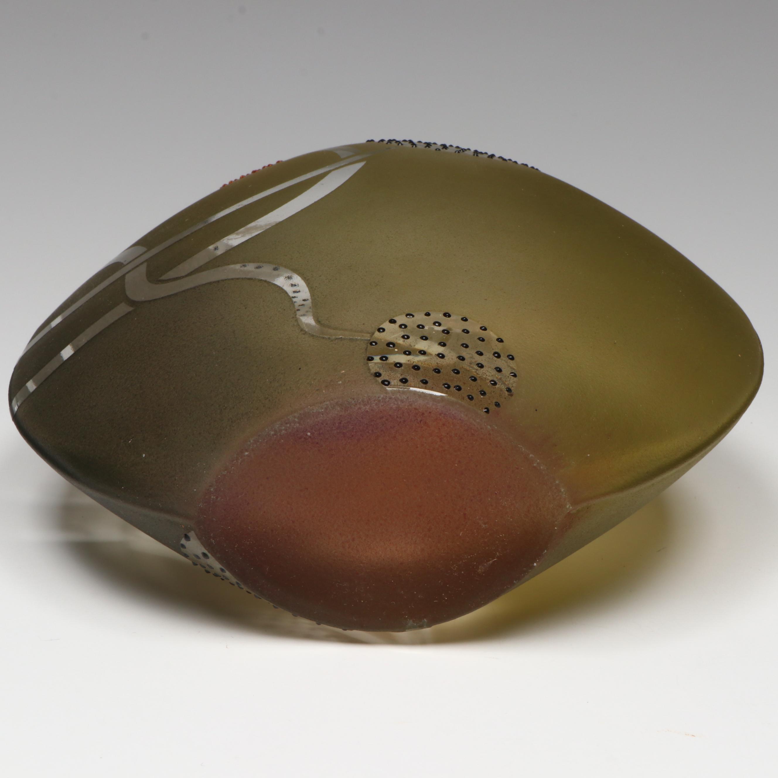 Etched Art Glass Disc Vase in the Style of Mary Melinda Wellsandt