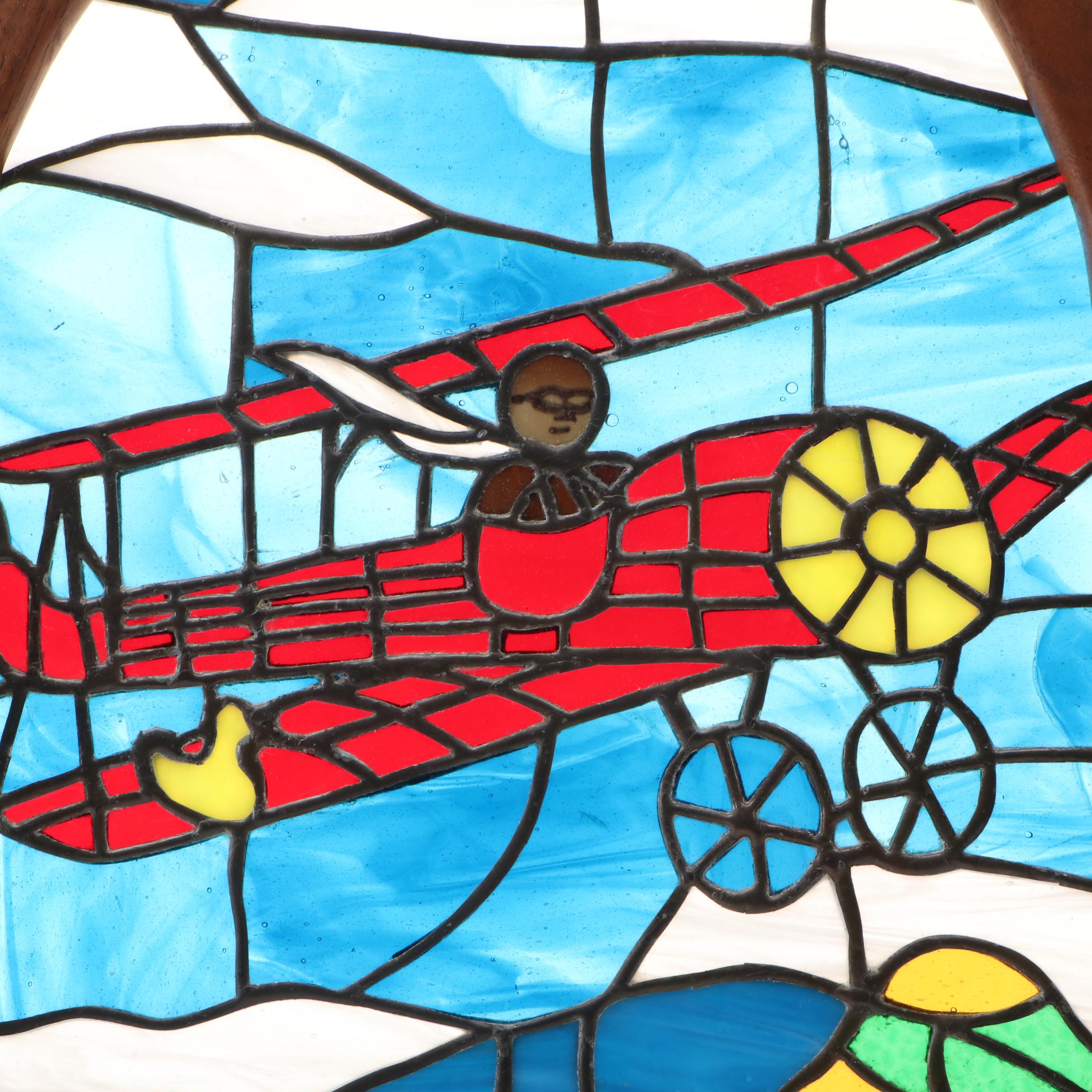 Wooden Framed Airplane Stained Glass Window Panel, Mid to Late 20th Century