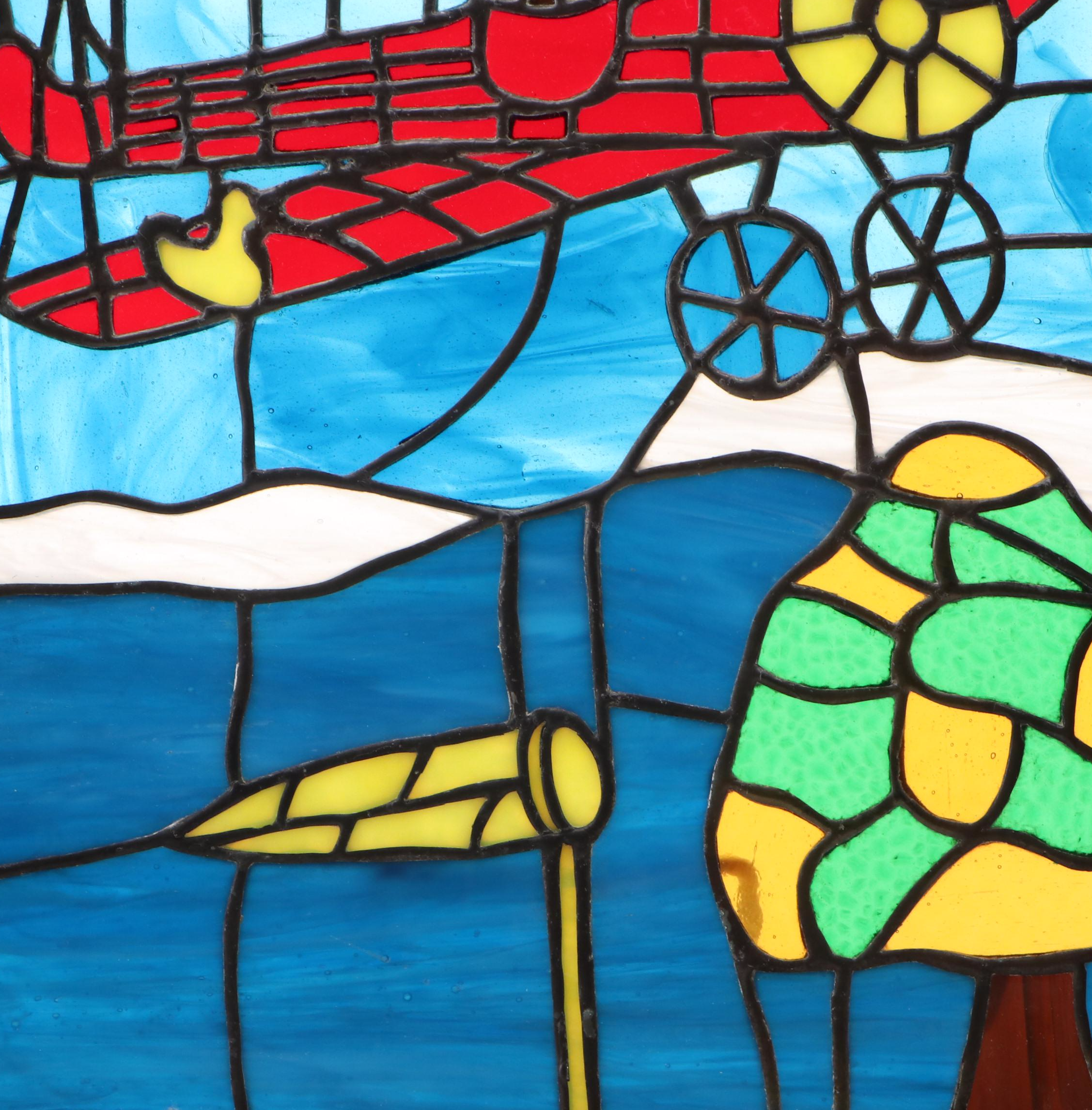 Wooden Framed Airplane Stained Glass Window Panel, Mid to Late 20th Century