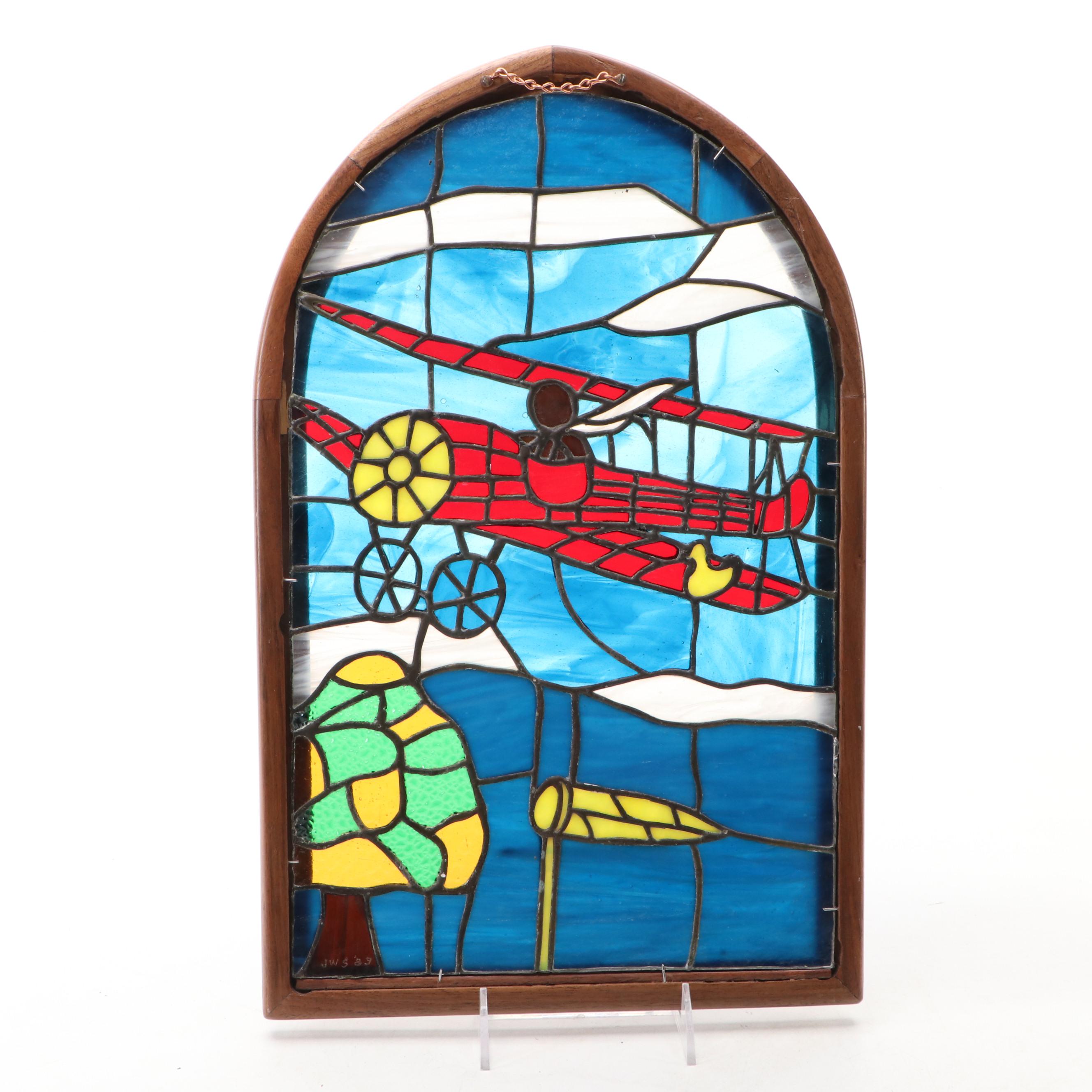 Wooden Framed Airplane Stained Glass Window Panel, Mid to Late 20th Century