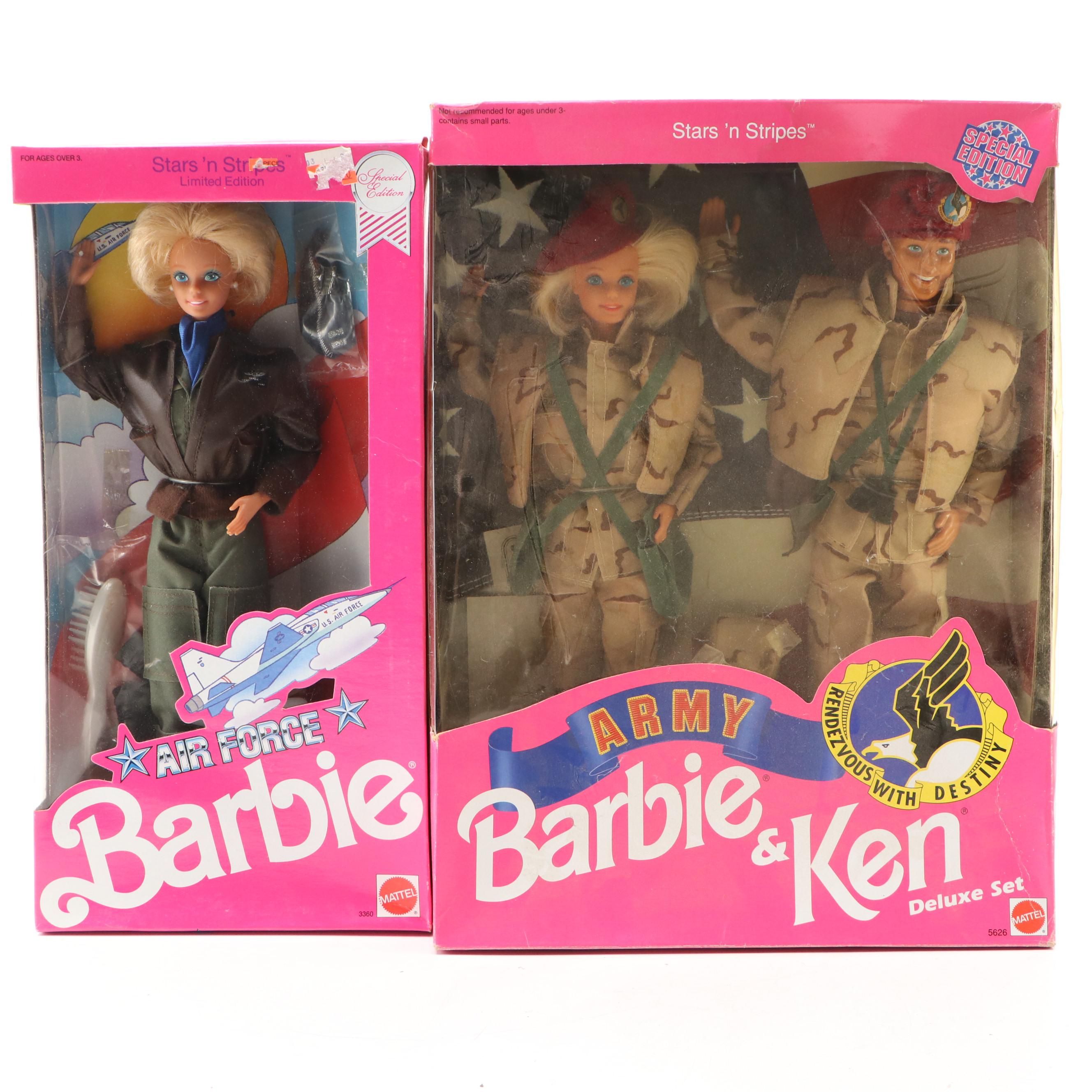 Mattel "Army" and "Air Force" Stars 'n Stripes Barbie and Ken Dolls, 1990s