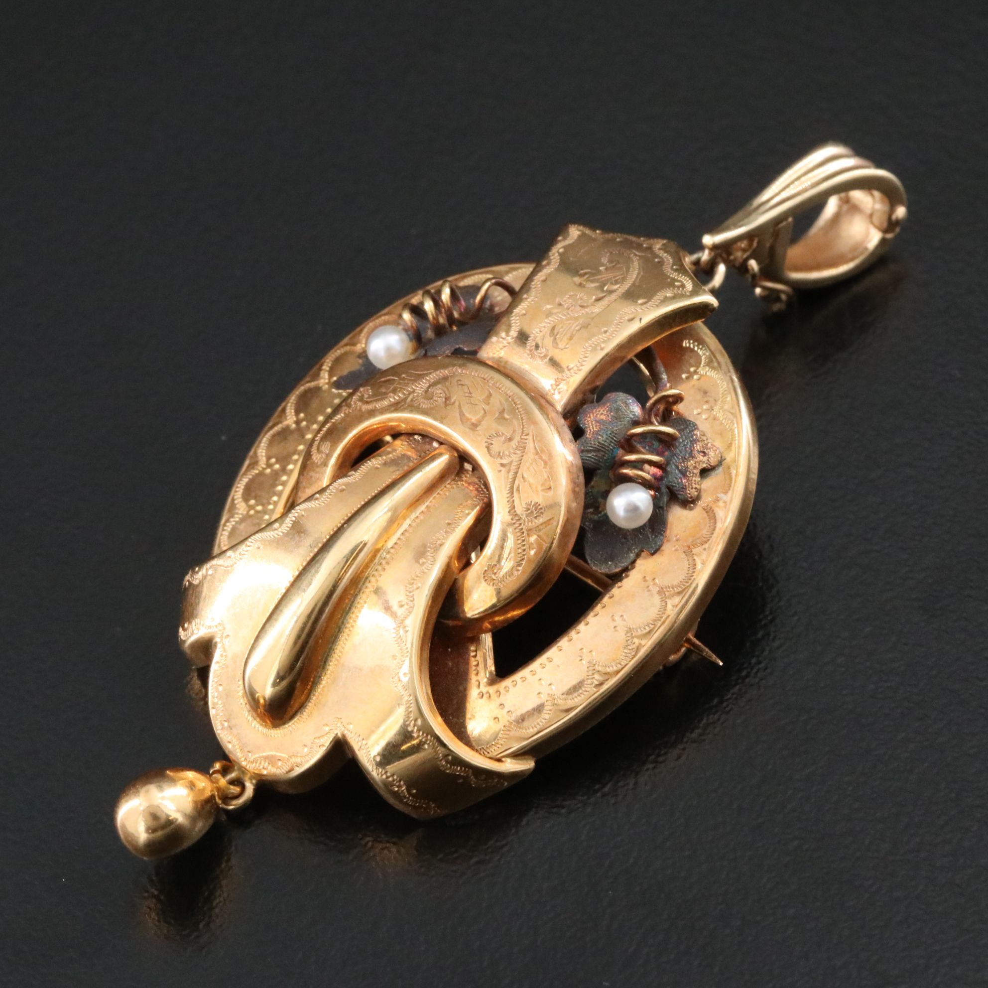 Victorian Gustav Dahlgren & Co.  18K Horseshoe and Buckle Brooch Pendant