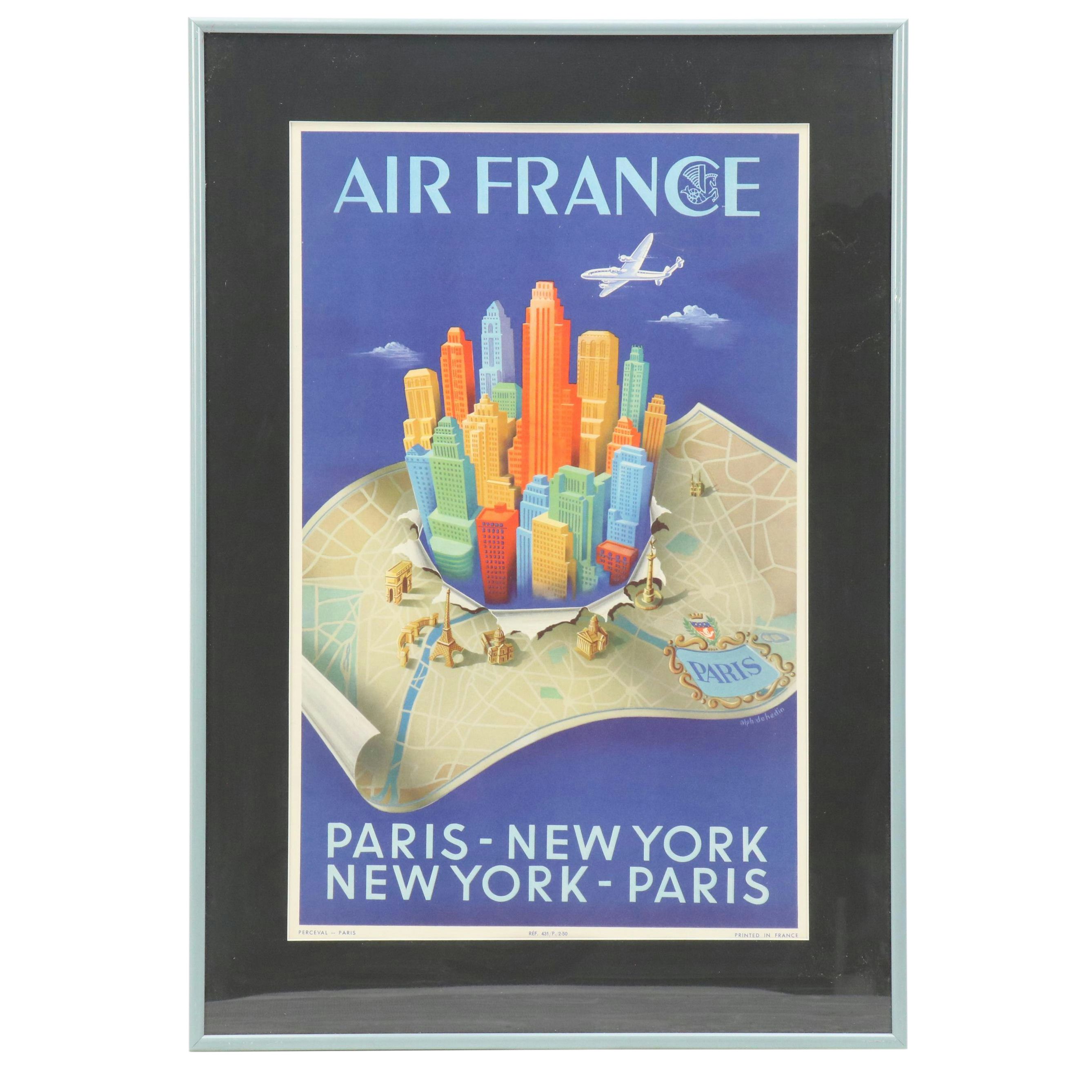 Air France Offset Lithograph "Paris - New York...," Mid-20th Century