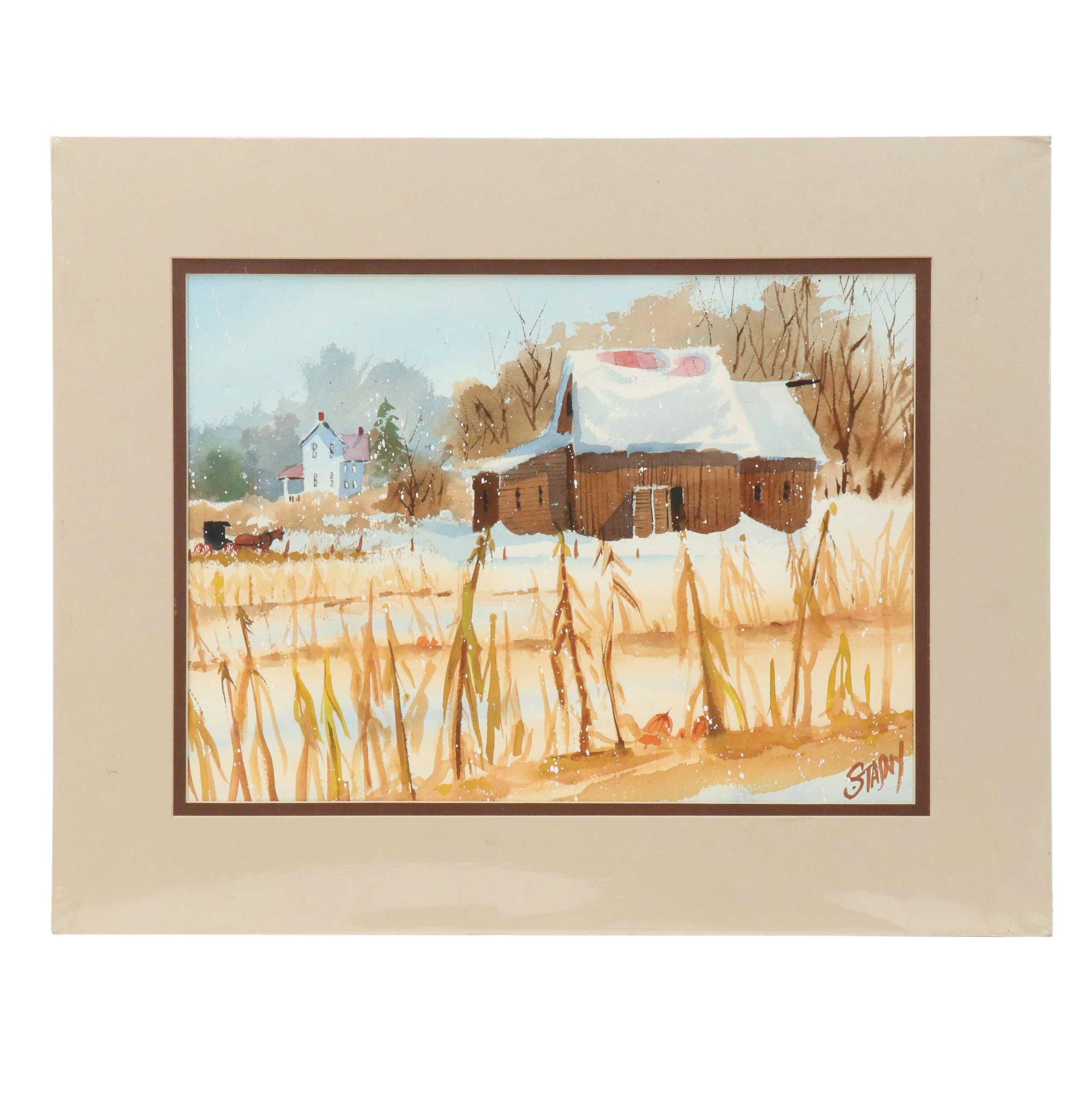 Joseph R. Stasny Watercolor Painting of Rural Landscape With Cabin