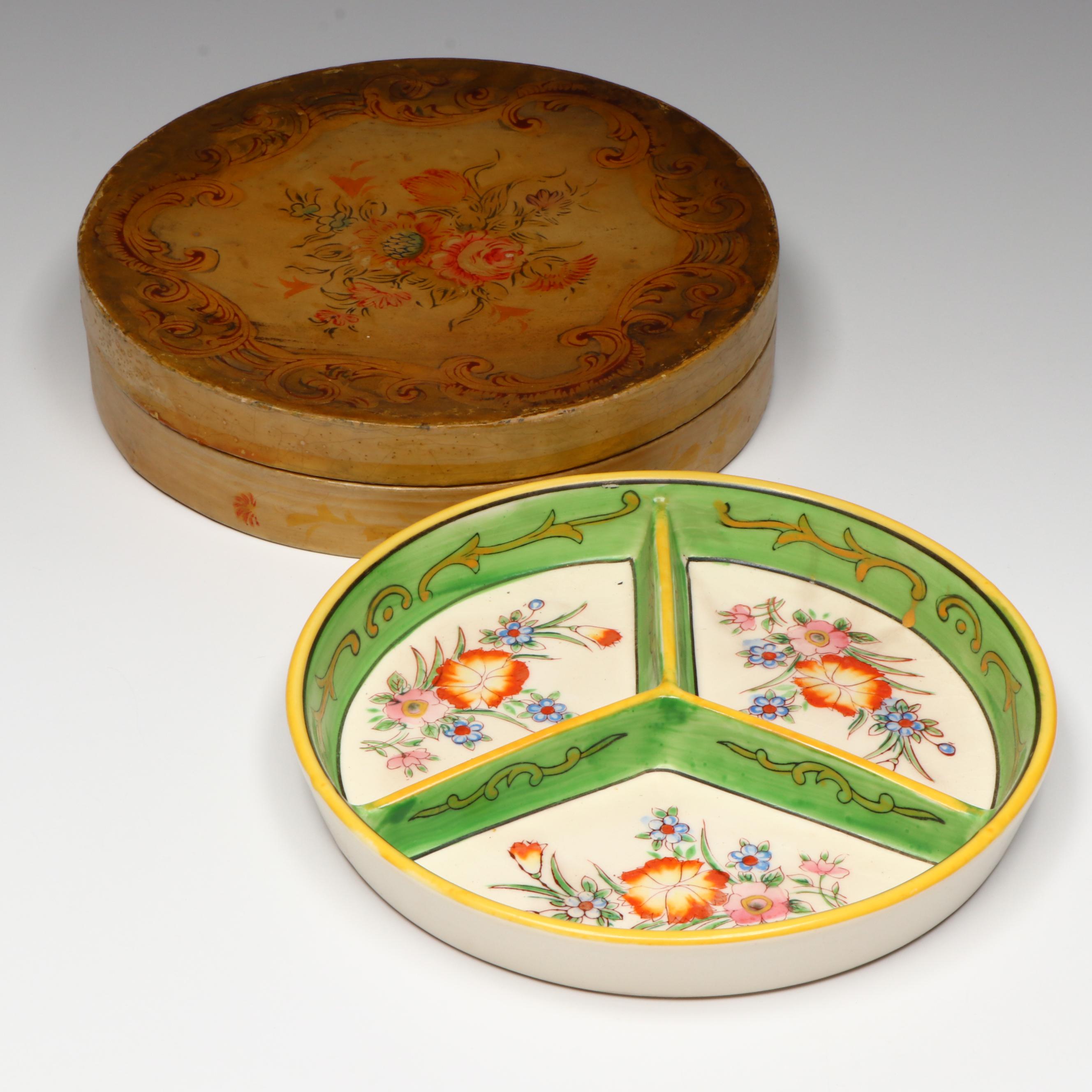 Vintage Japanese Porcelain Divided Dish in Lacquerware Box
