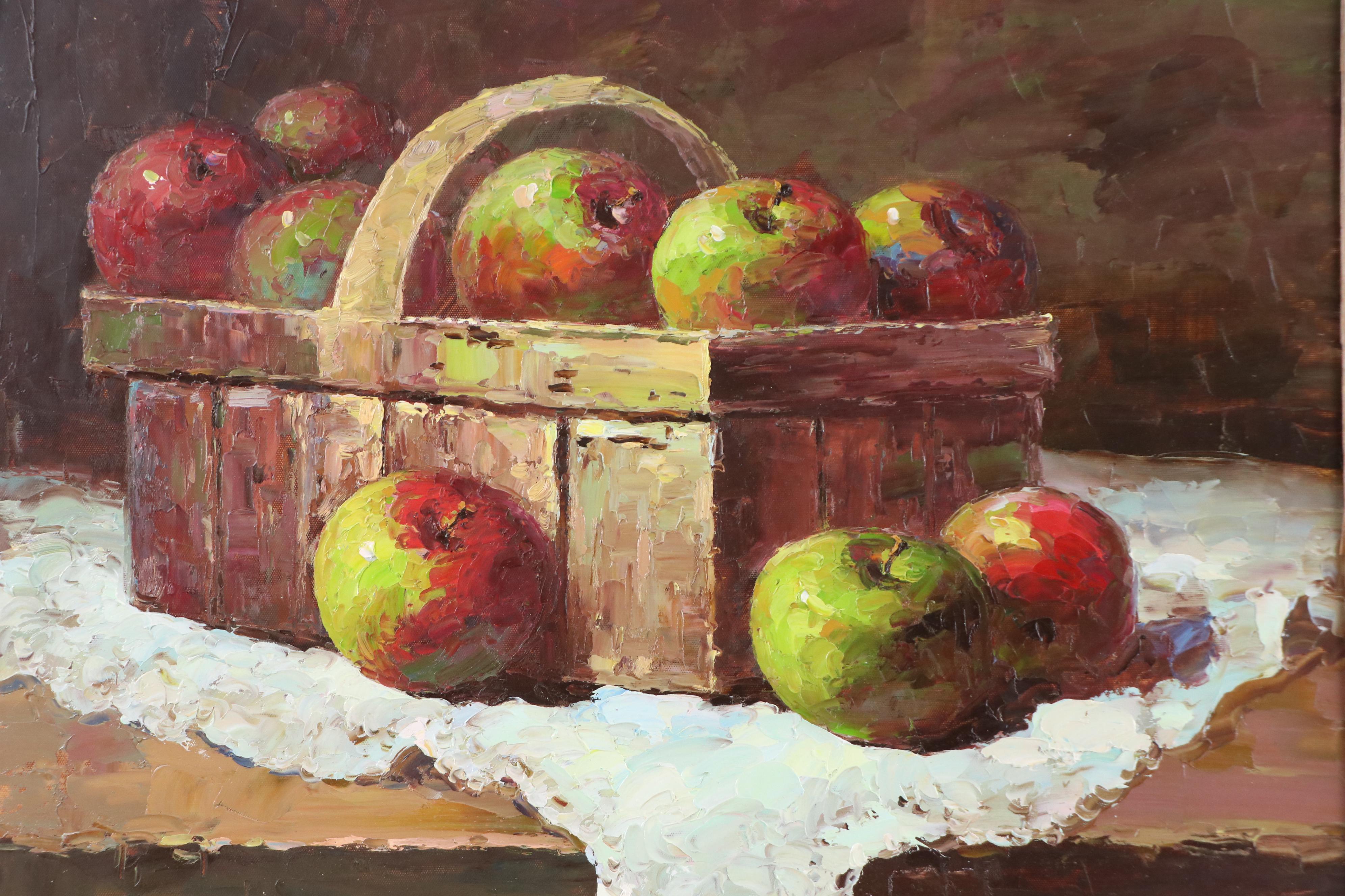 Impasto Still Life Oil Painting of Apples in Basket