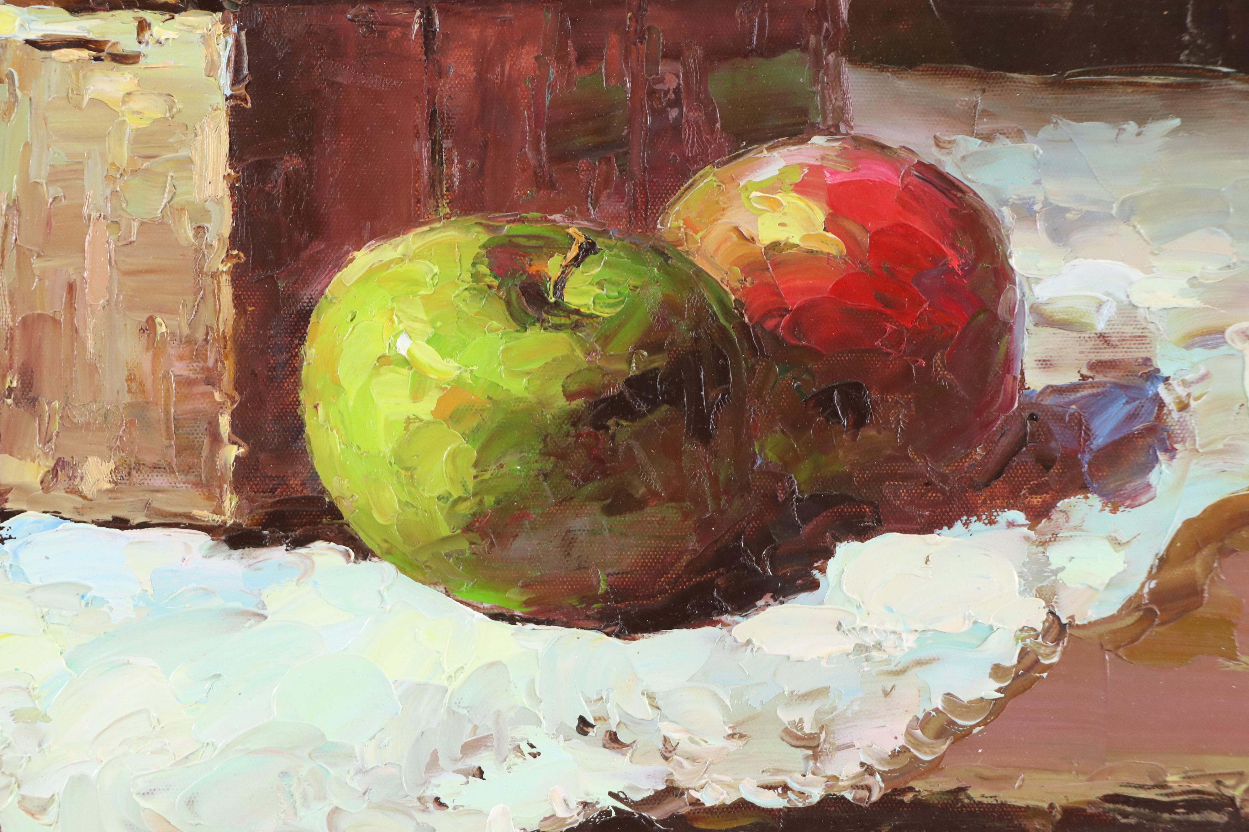Impasto Still Life Oil Painting of Apples in Basket