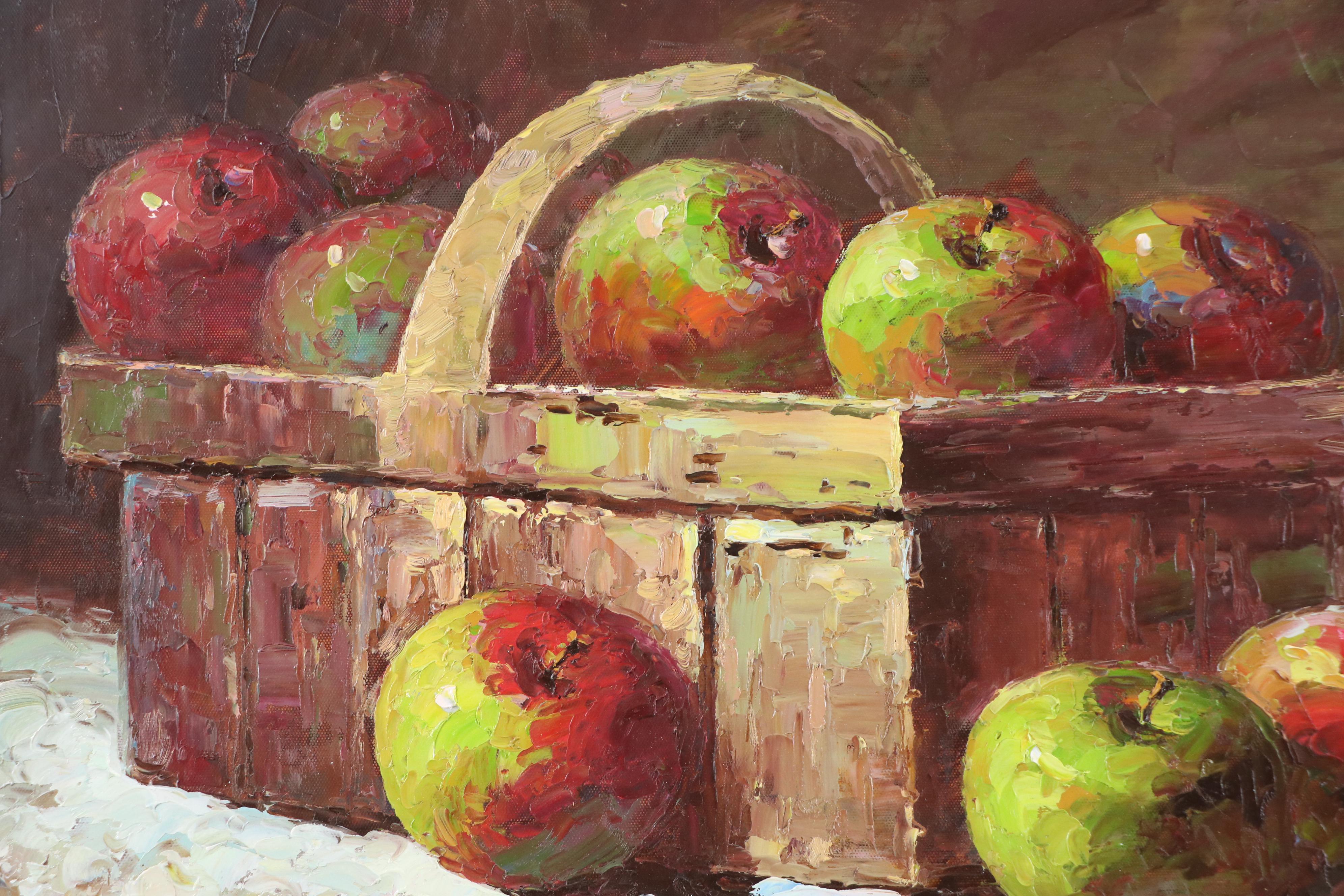 Impasto Still Life Oil Painting of Apples in Basket