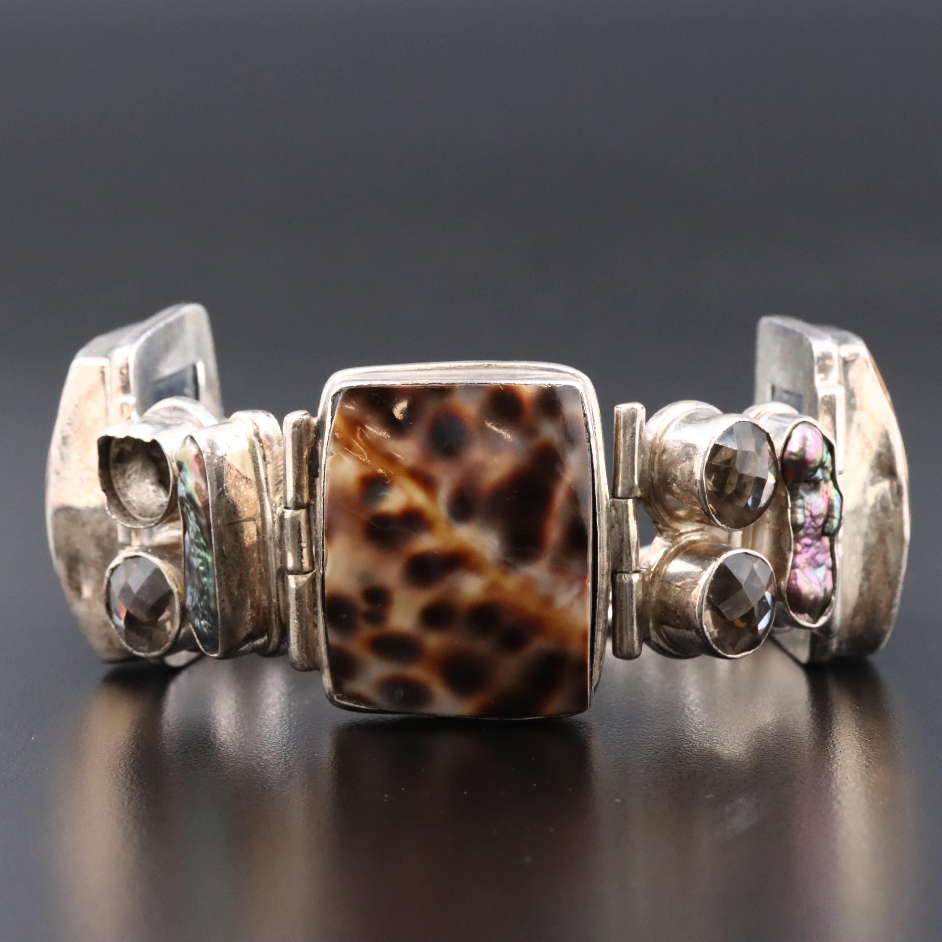 Sterling Cowry Shell, Pearl and Glass Panel Bracelet