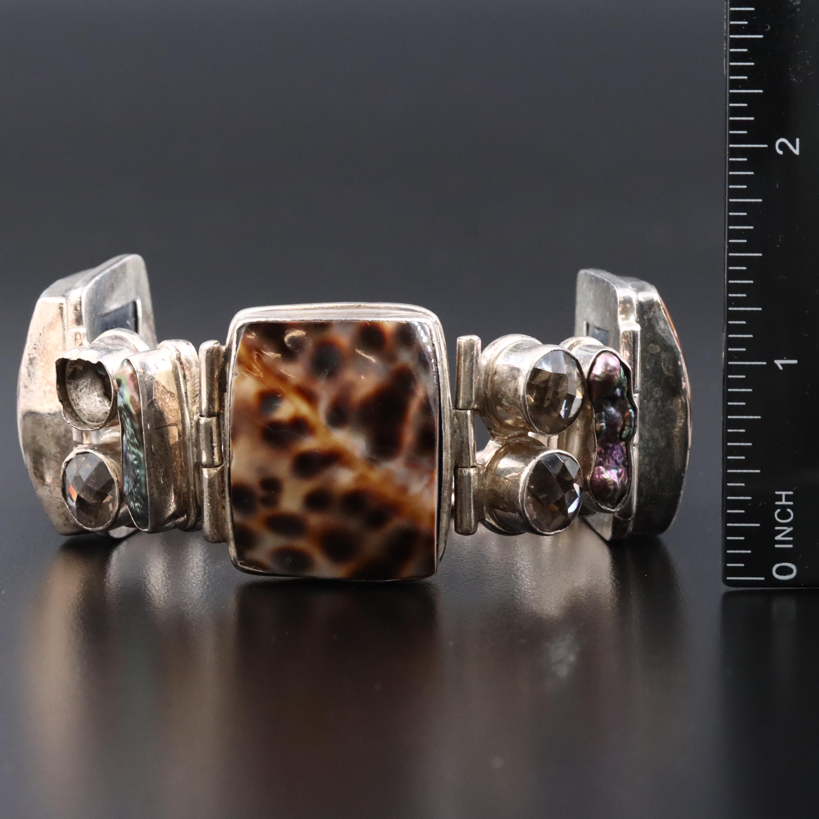 Sterling Cowry Shell, Pearl and Glass Panel Bracelet