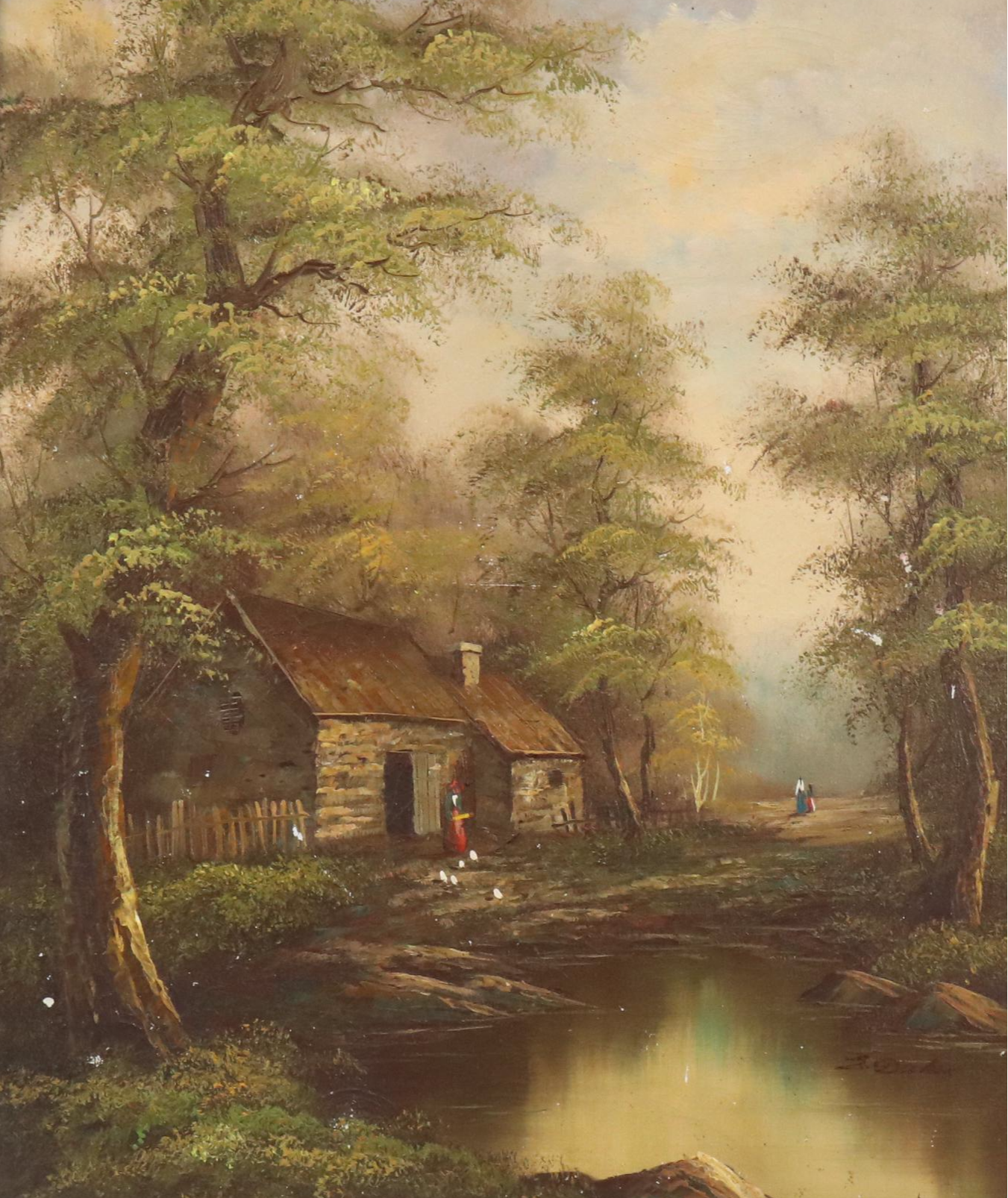 E. Dickens Idyllic Woodland Pond Landscape Oil Painting