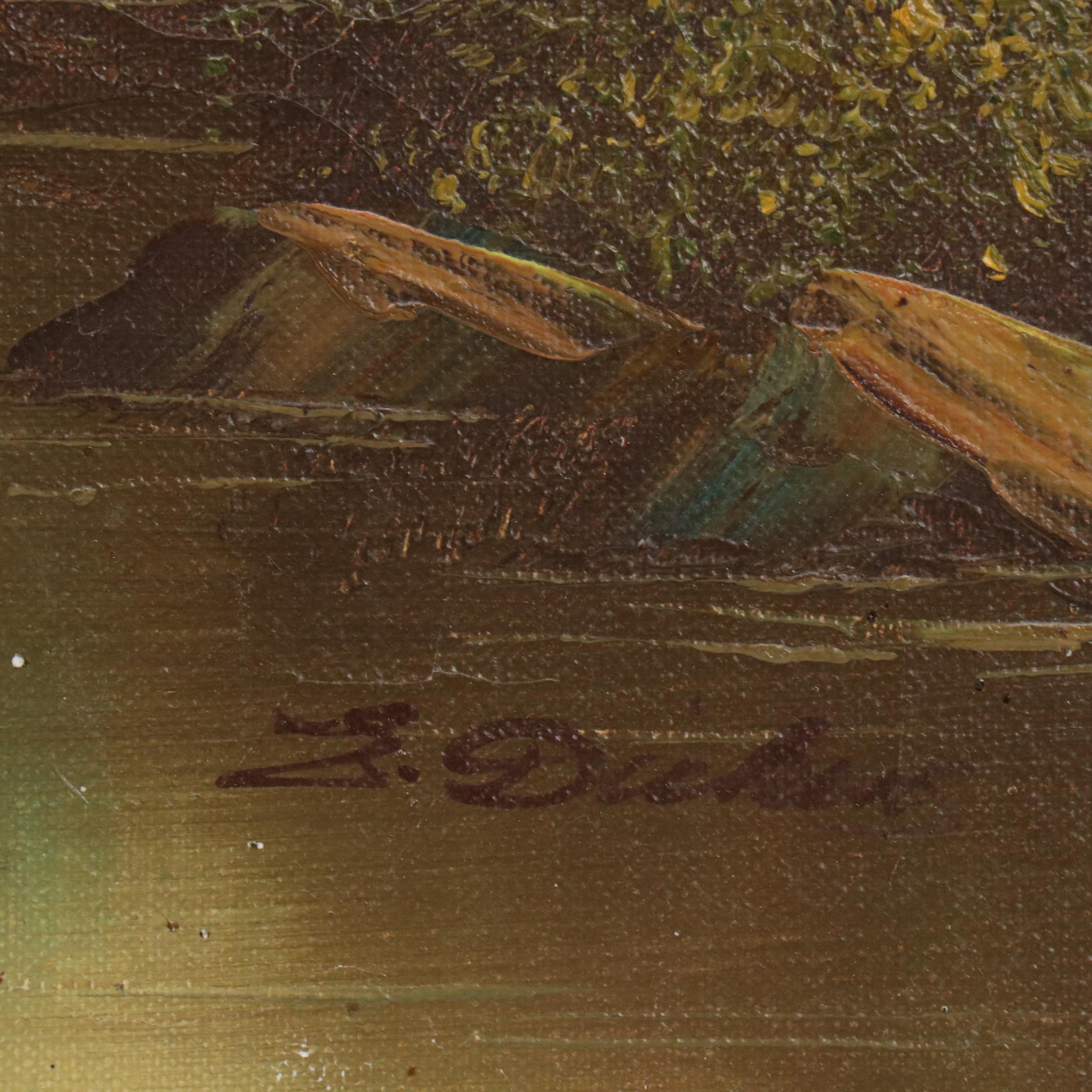 E. Dickens Idyllic Woodland Pond Landscape Oil Painting