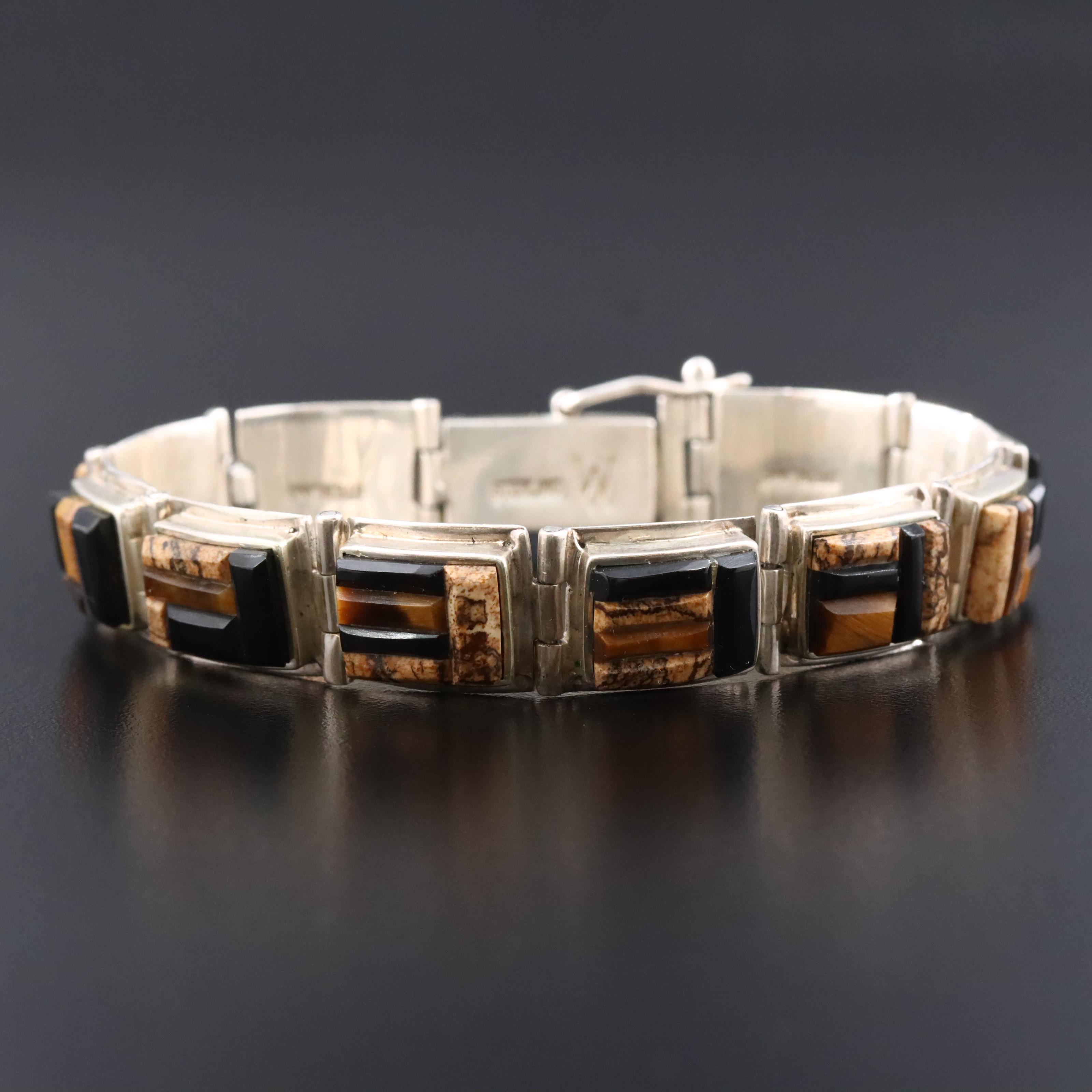 Sterling Jasper, Tiger's Eye and Black Onyx Cobblestone Inlay Bracelet