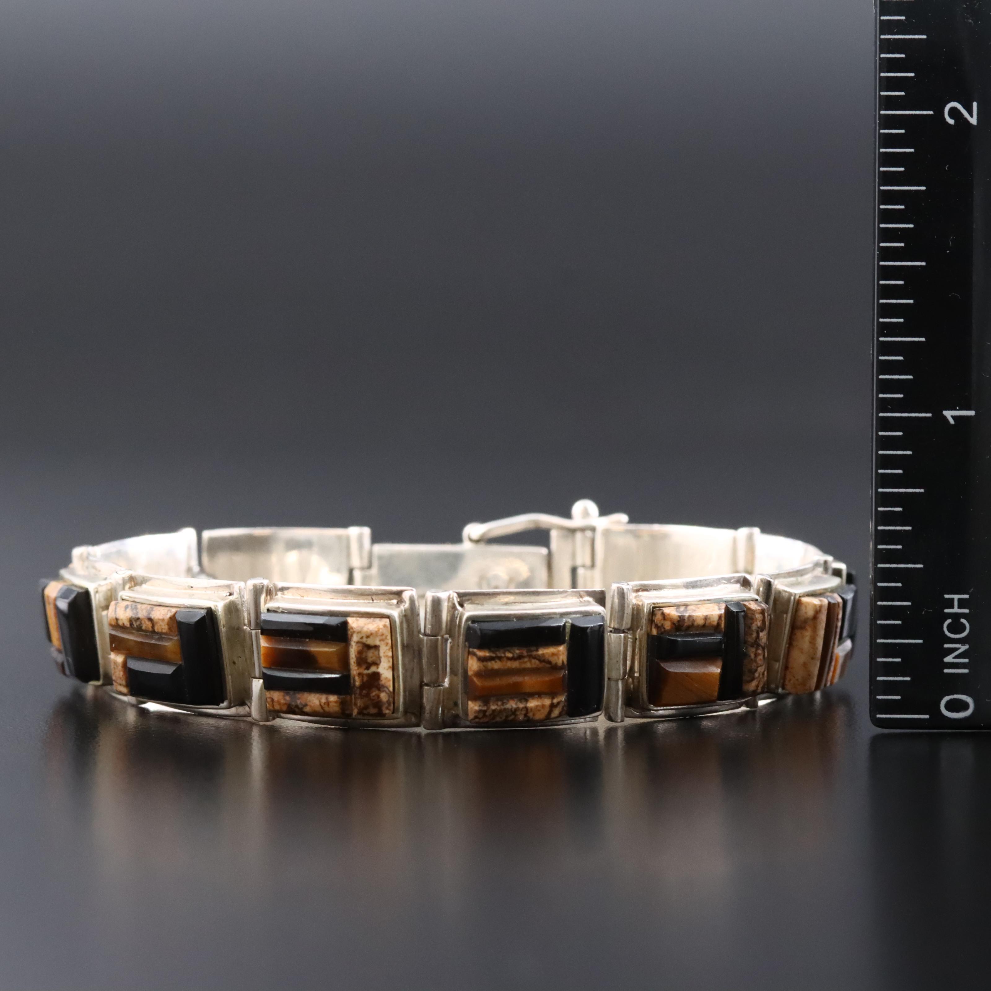 Sterling Jasper, Tiger's Eye and Black Onyx Cobblestone Inlay Bracelet