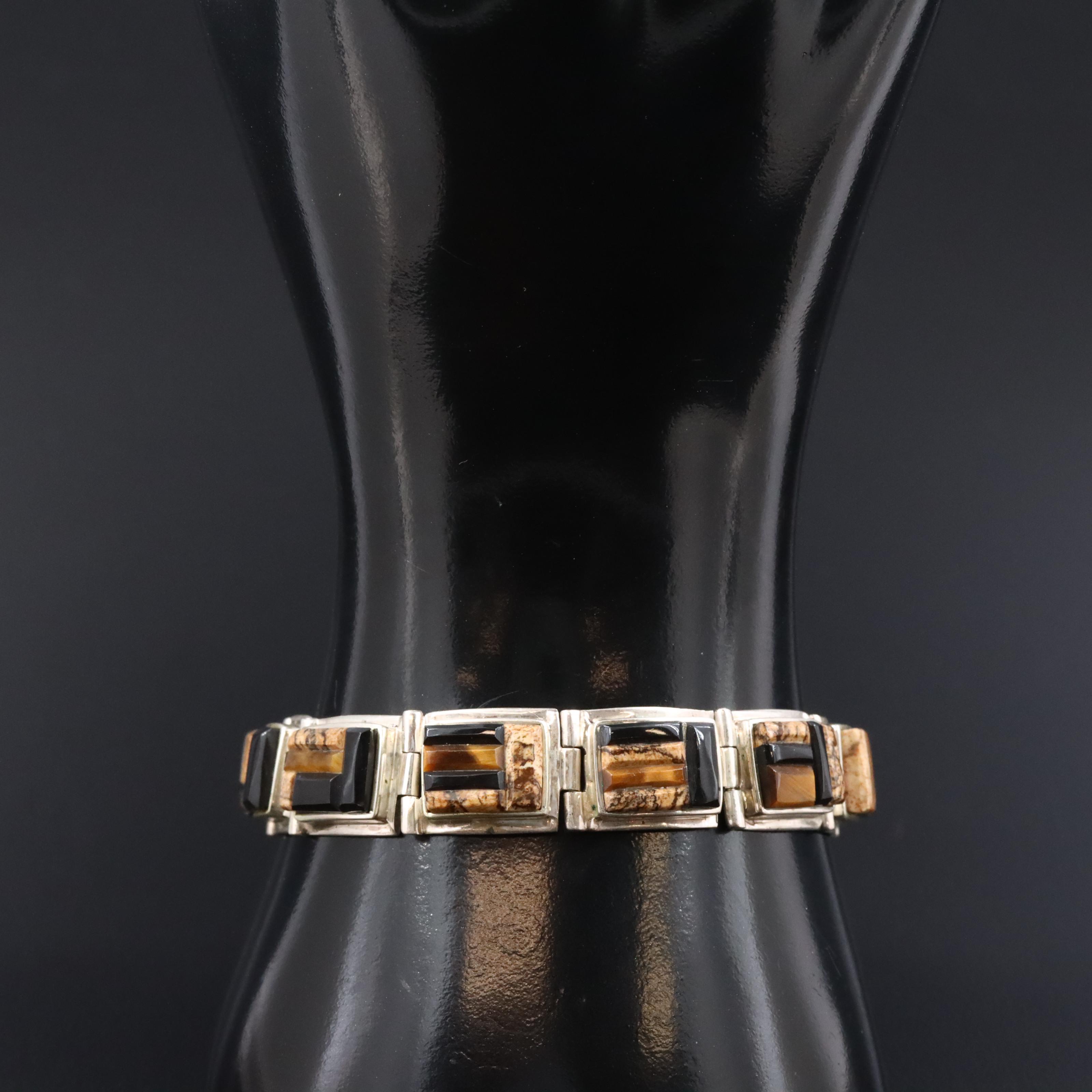 Sterling Jasper, Tiger's Eye and Black Onyx Cobblestone Inlay Bracelet