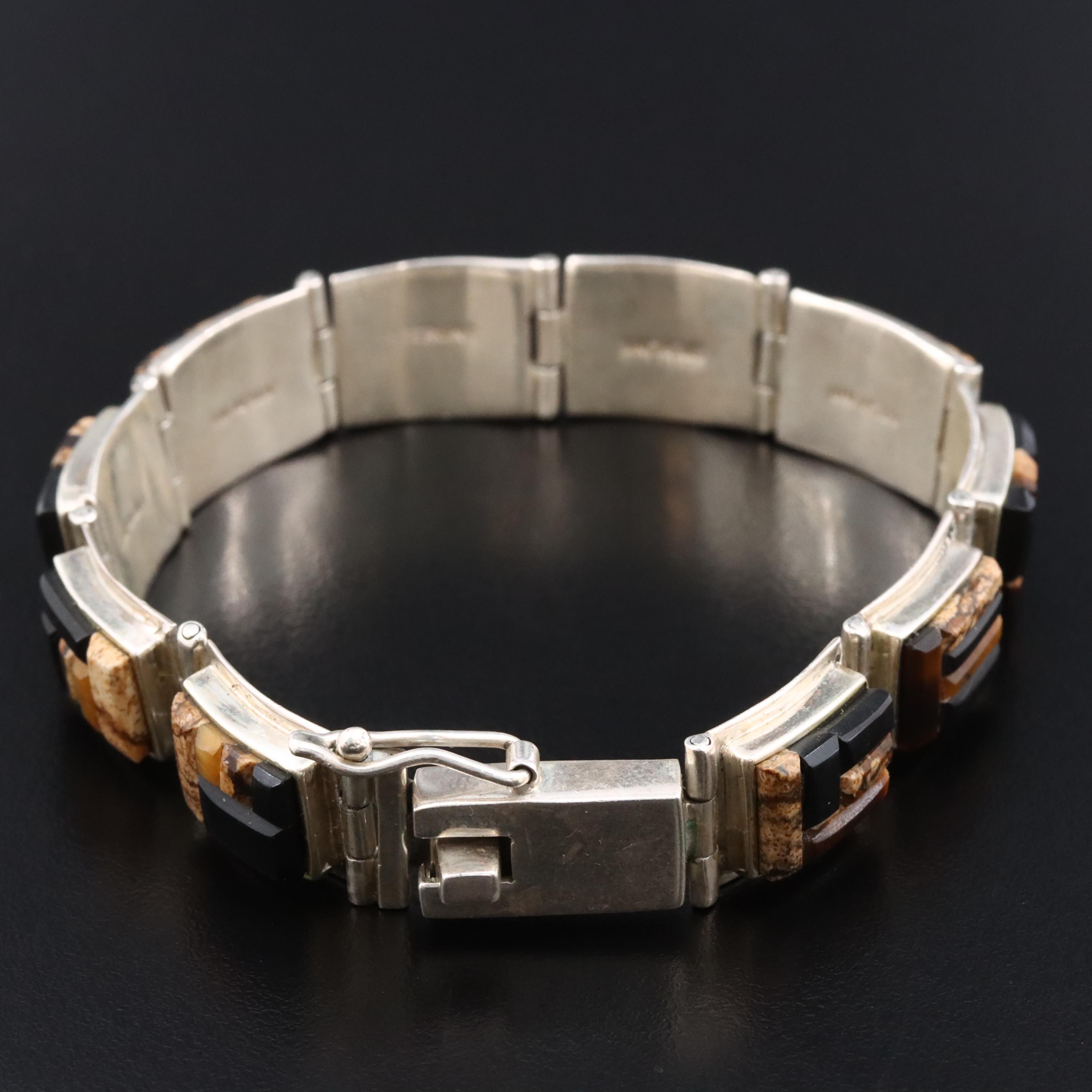 Sterling Jasper, Tiger's Eye and Black Onyx Cobblestone Inlay Bracelet