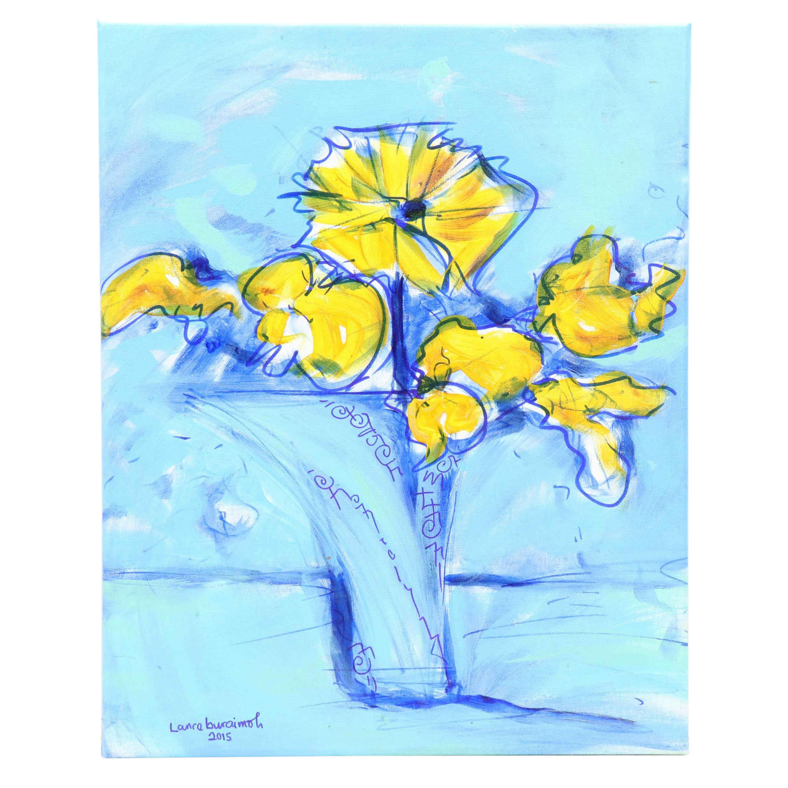 Lanre Buraimoh Stylized Floral Mixed Media Painting, 2015