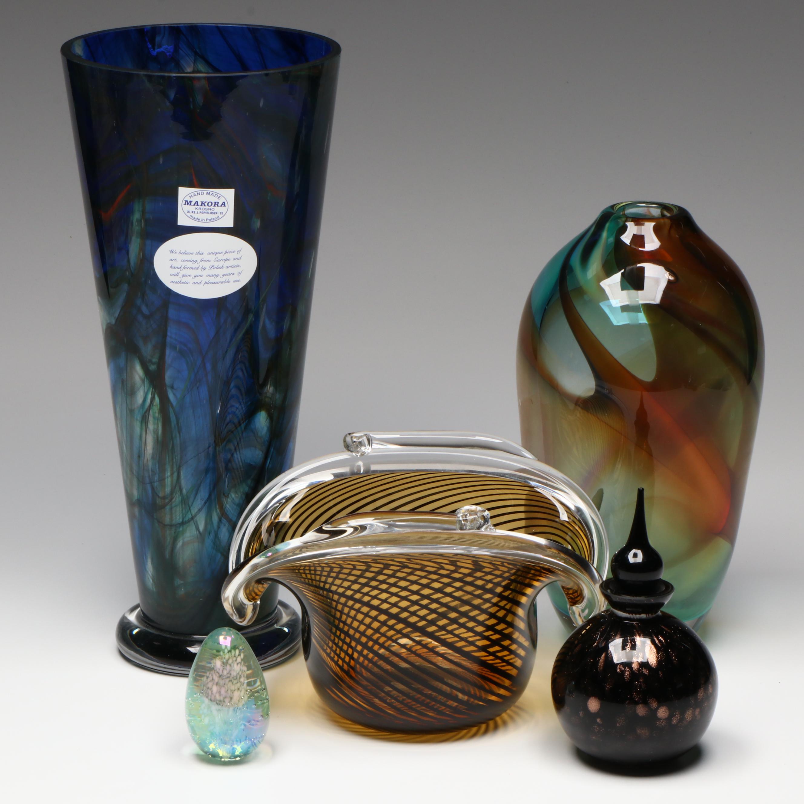 Makora Krosno Glass Vase with More Art Glass Vases, Paperweight, and Jar