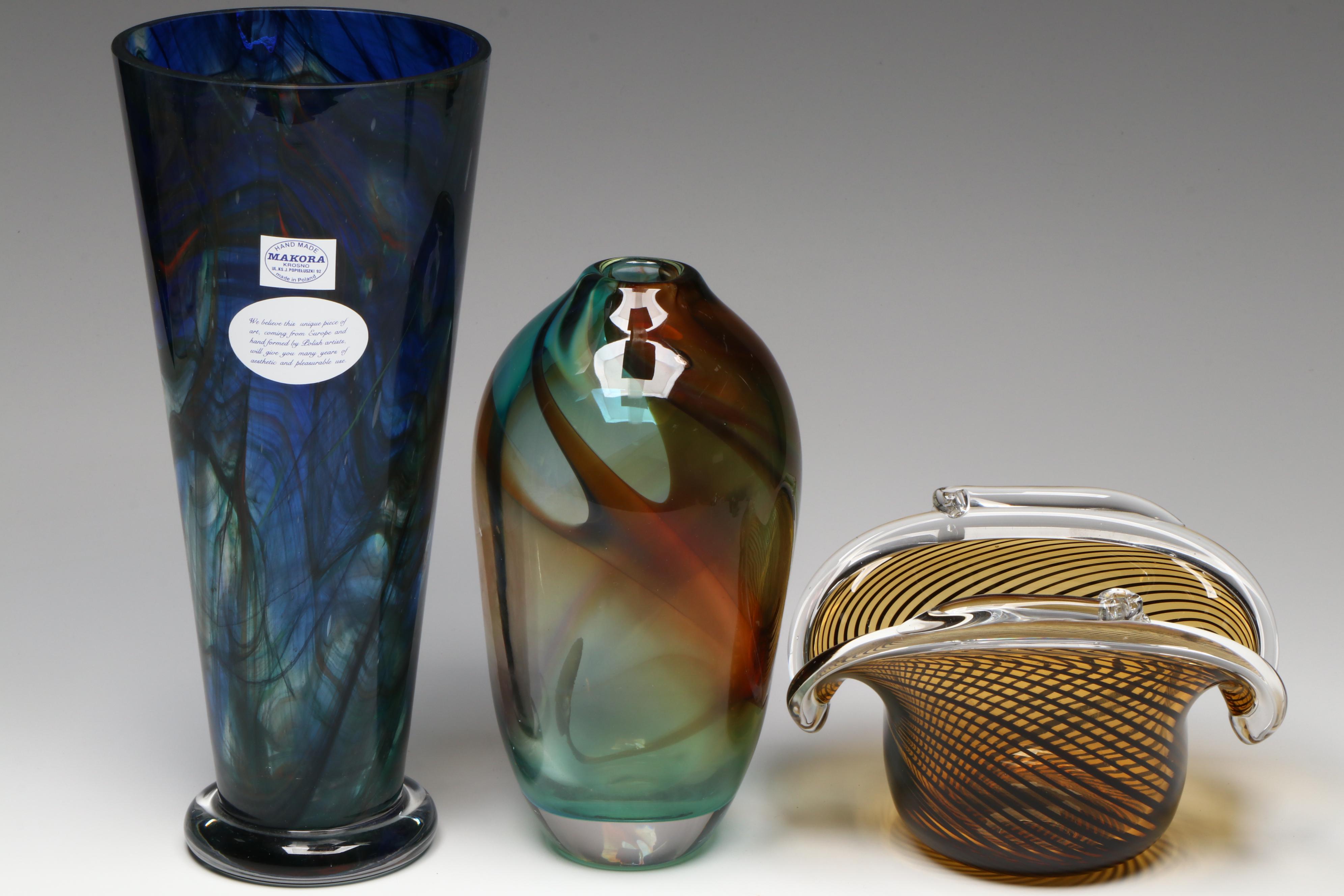 Makora Krosno Glass Vase with More Art Glass Vases, Paperweight, and Jar