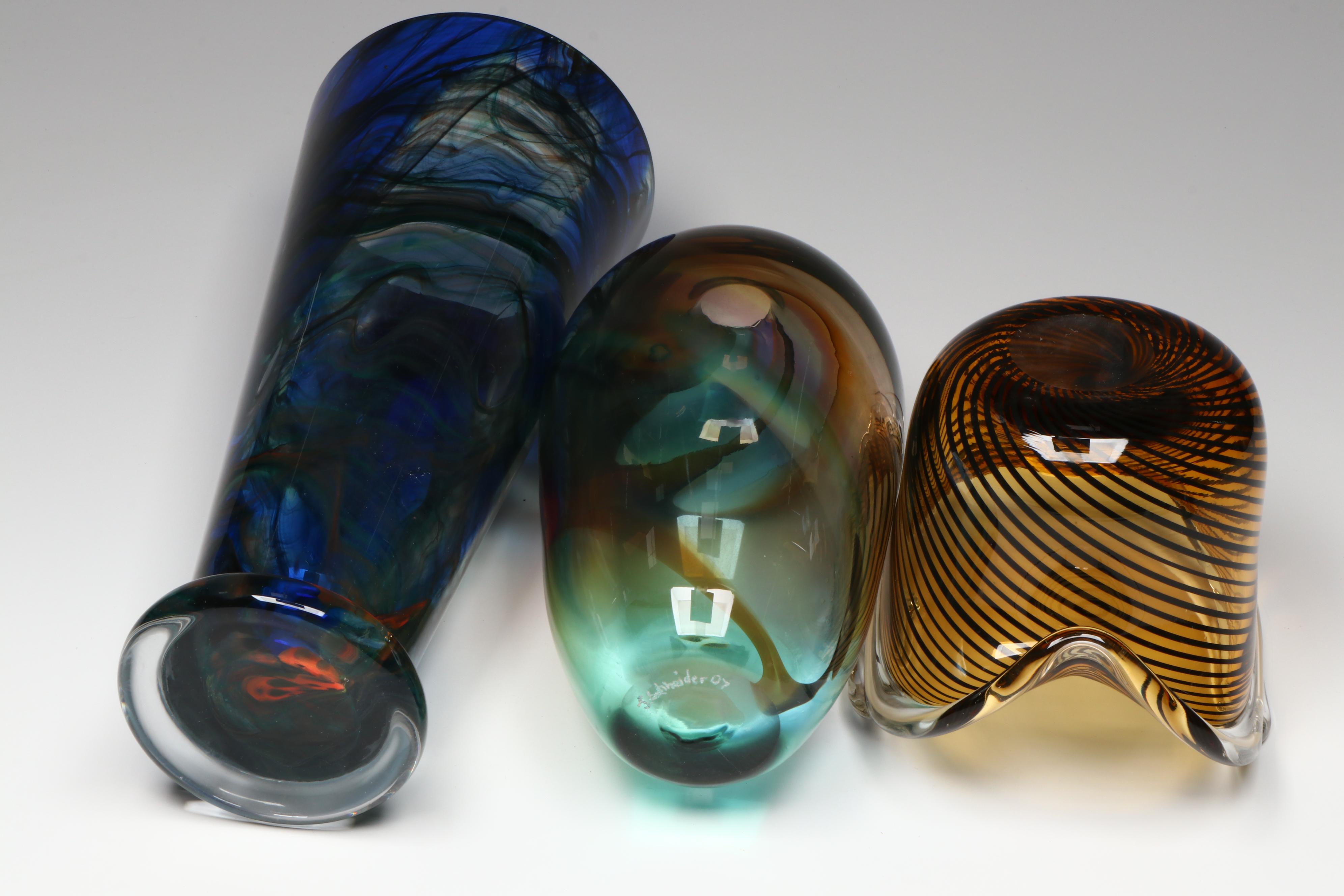 Makora Krosno Glass Vase with More Art Glass Vases, Paperweight, and Jar