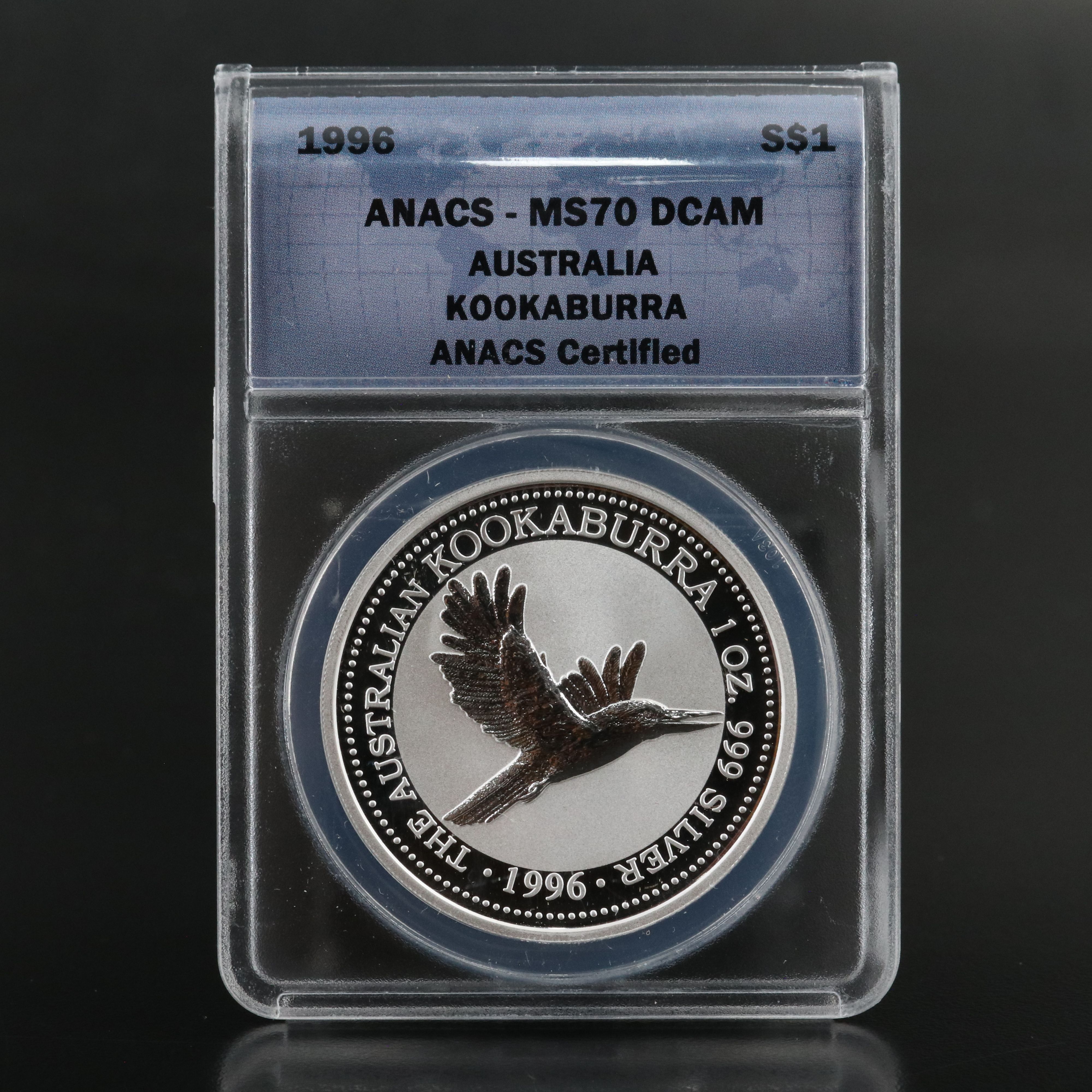 ANACS MS70 DCAM 1996 Australia $1 Kookaburra Silver Coin