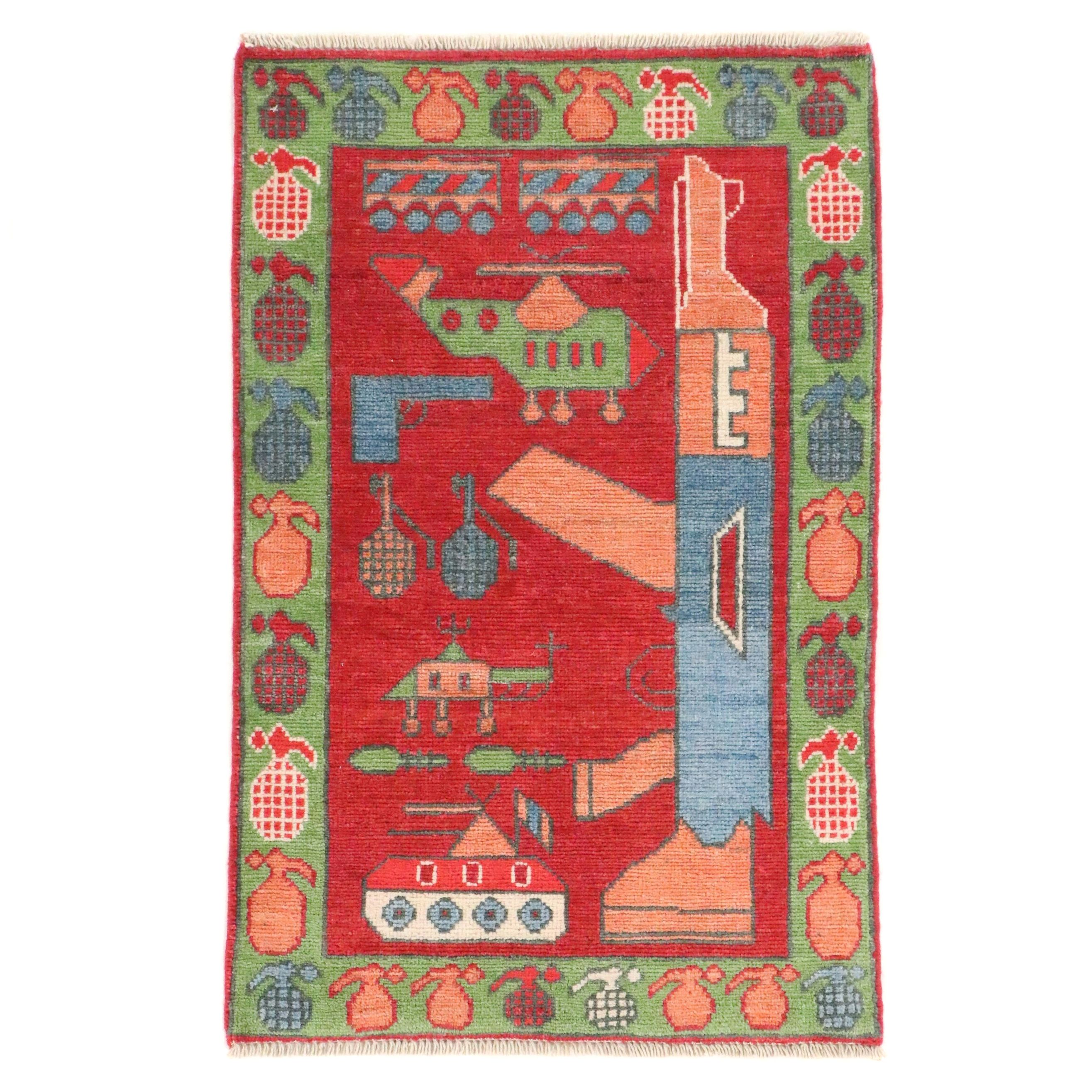 2' x 3'2 Hand-Knotted Afghan Pictorial War Accent Rug