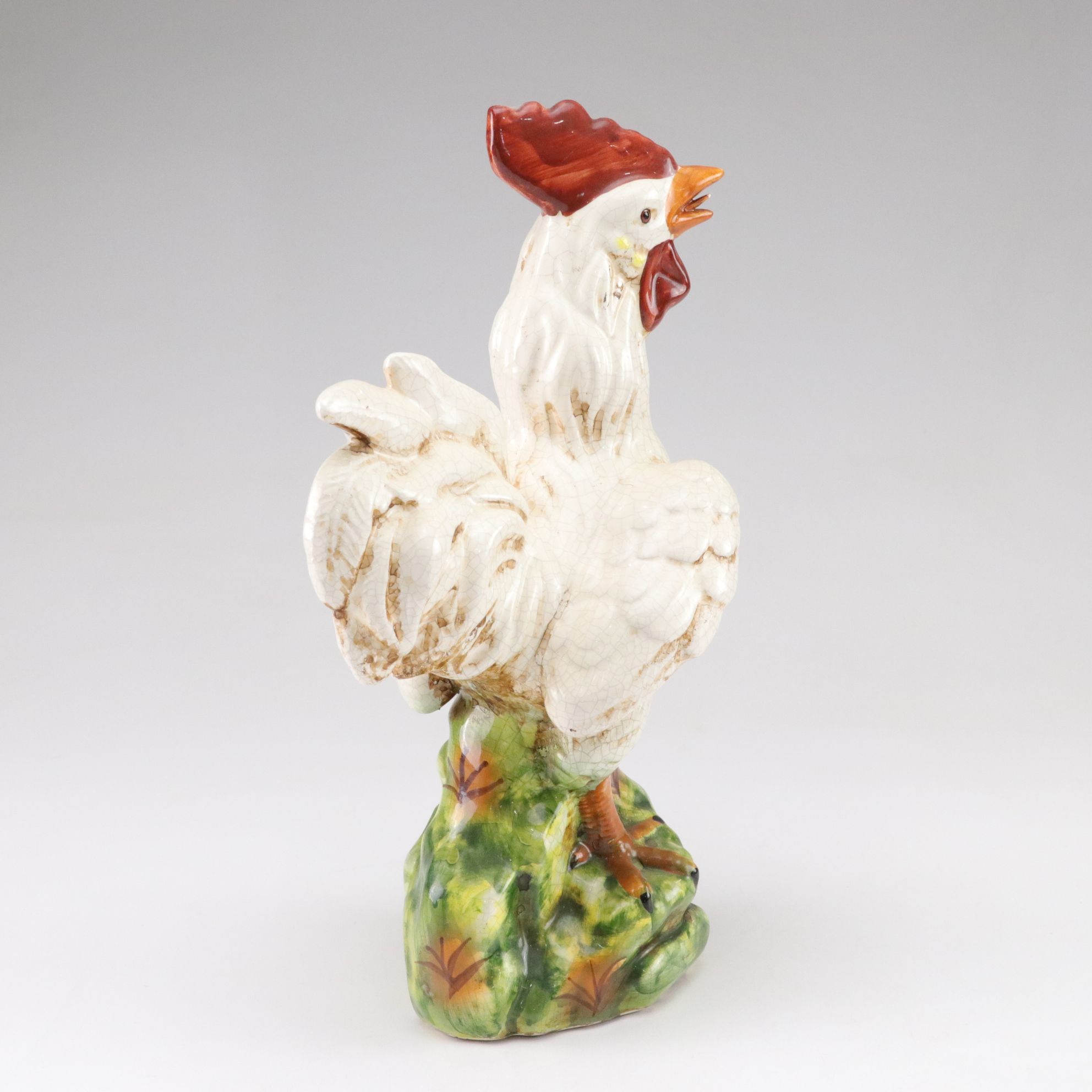 Hand-Painted Majolica Style Crackle Ceramic Farmhouse Roosters
