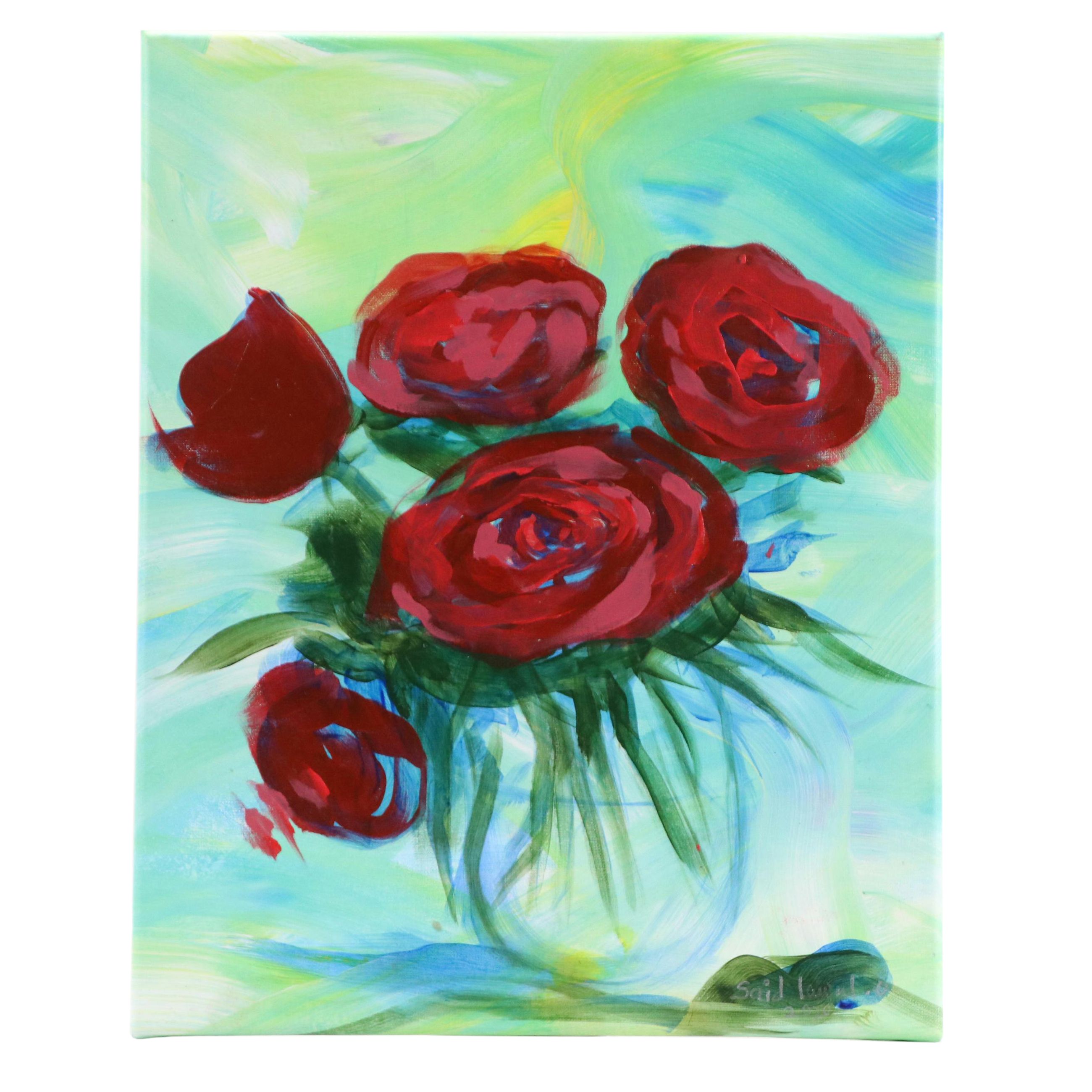 Said Oladejo-Iawal Still Life Acrylic Painting with Roses in Glass, 2020