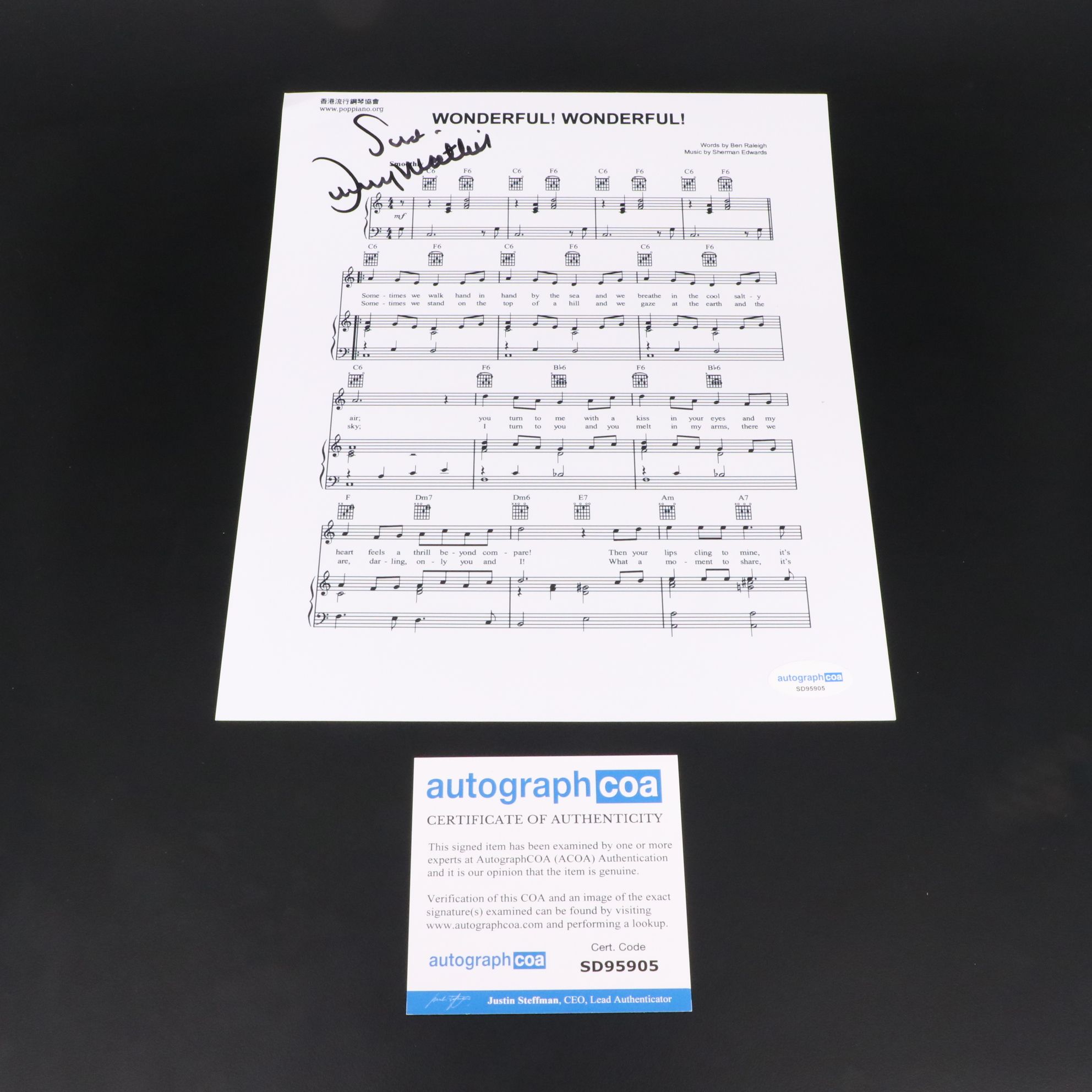 Johnny Mathis Signed "Wonderful! Wonderful!" Sheet Music Print