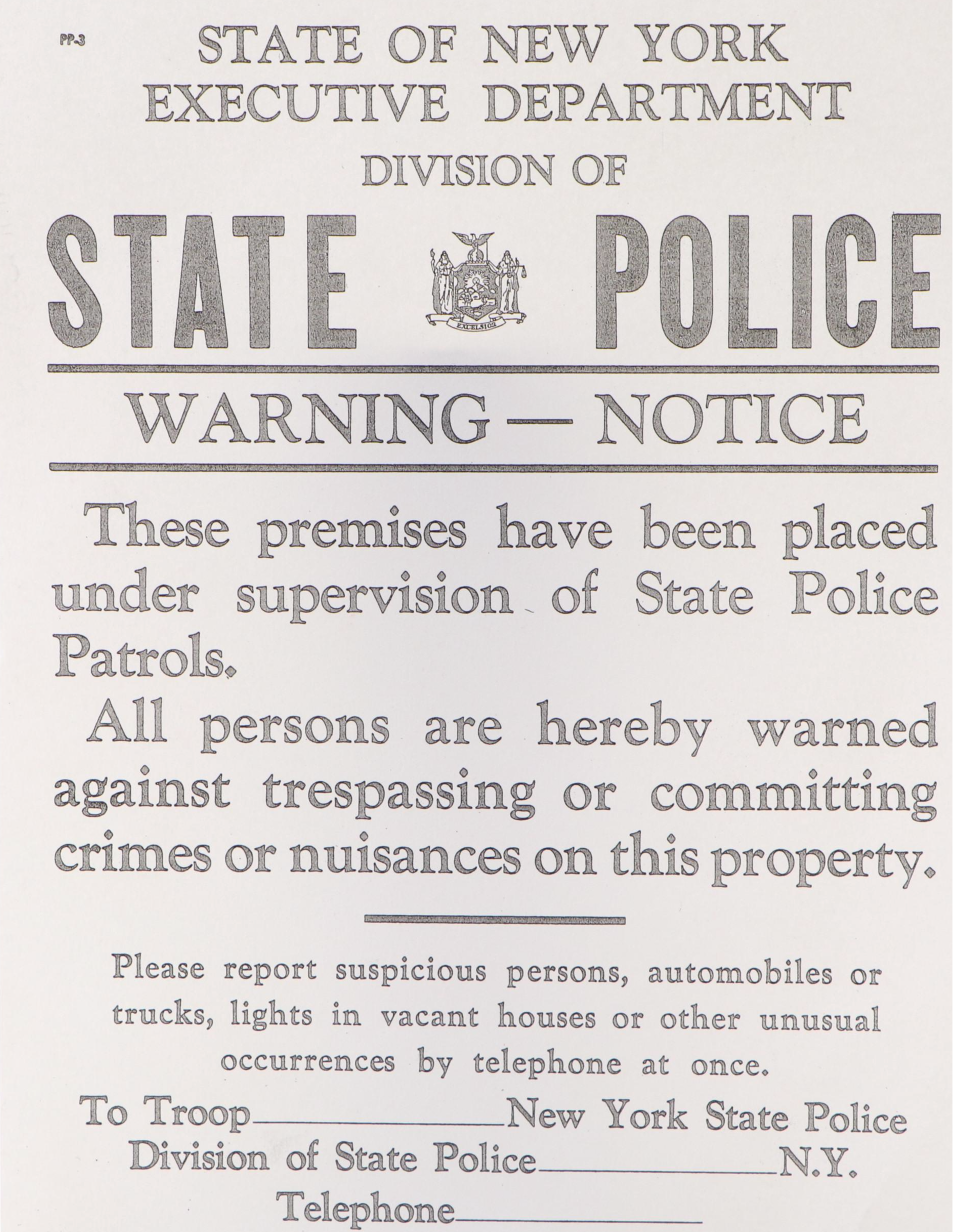 State of New York Executive Department State Police Trespassing Notice Sign