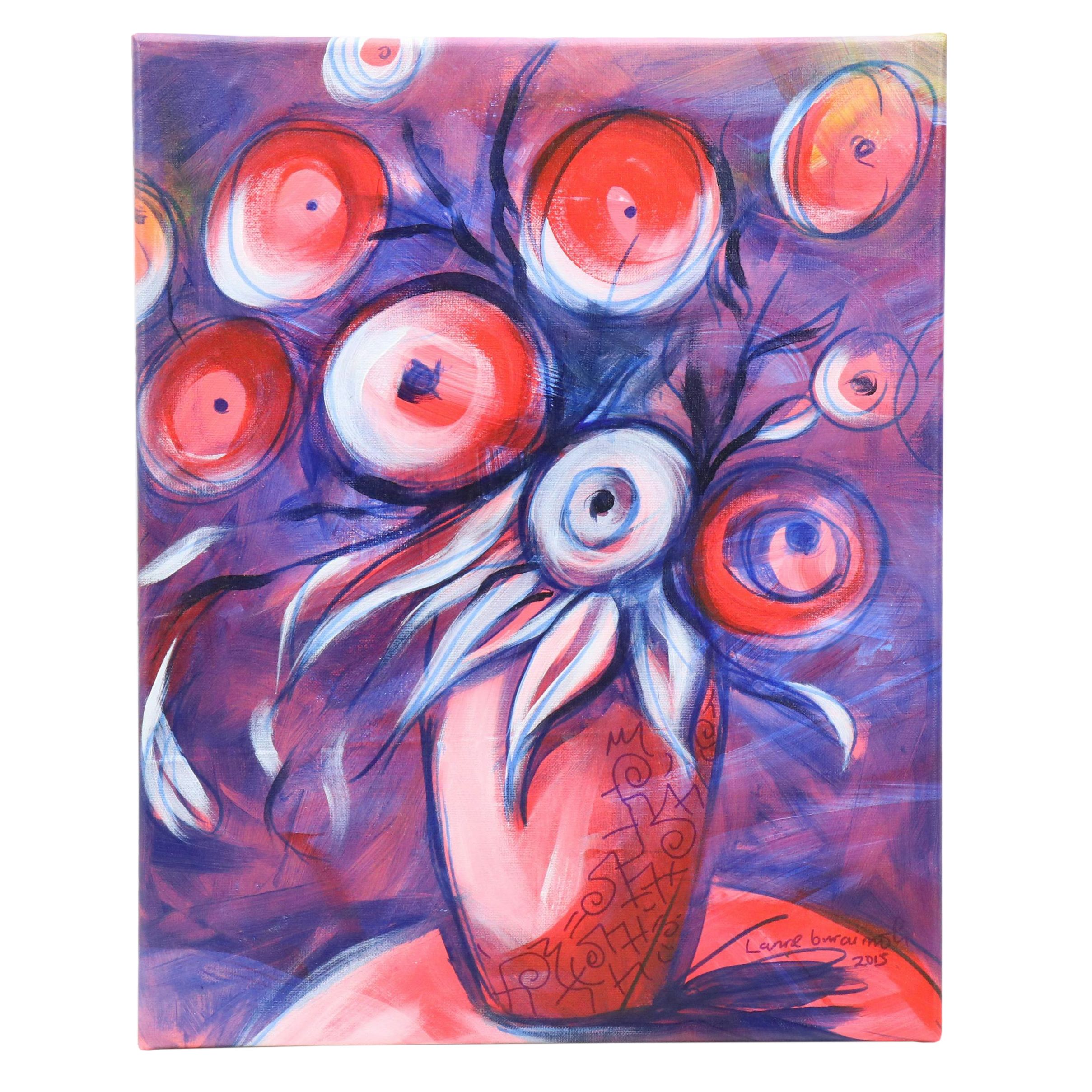 Lanre Buraimoh Stylized Floral Mixed Media Painting, 2015