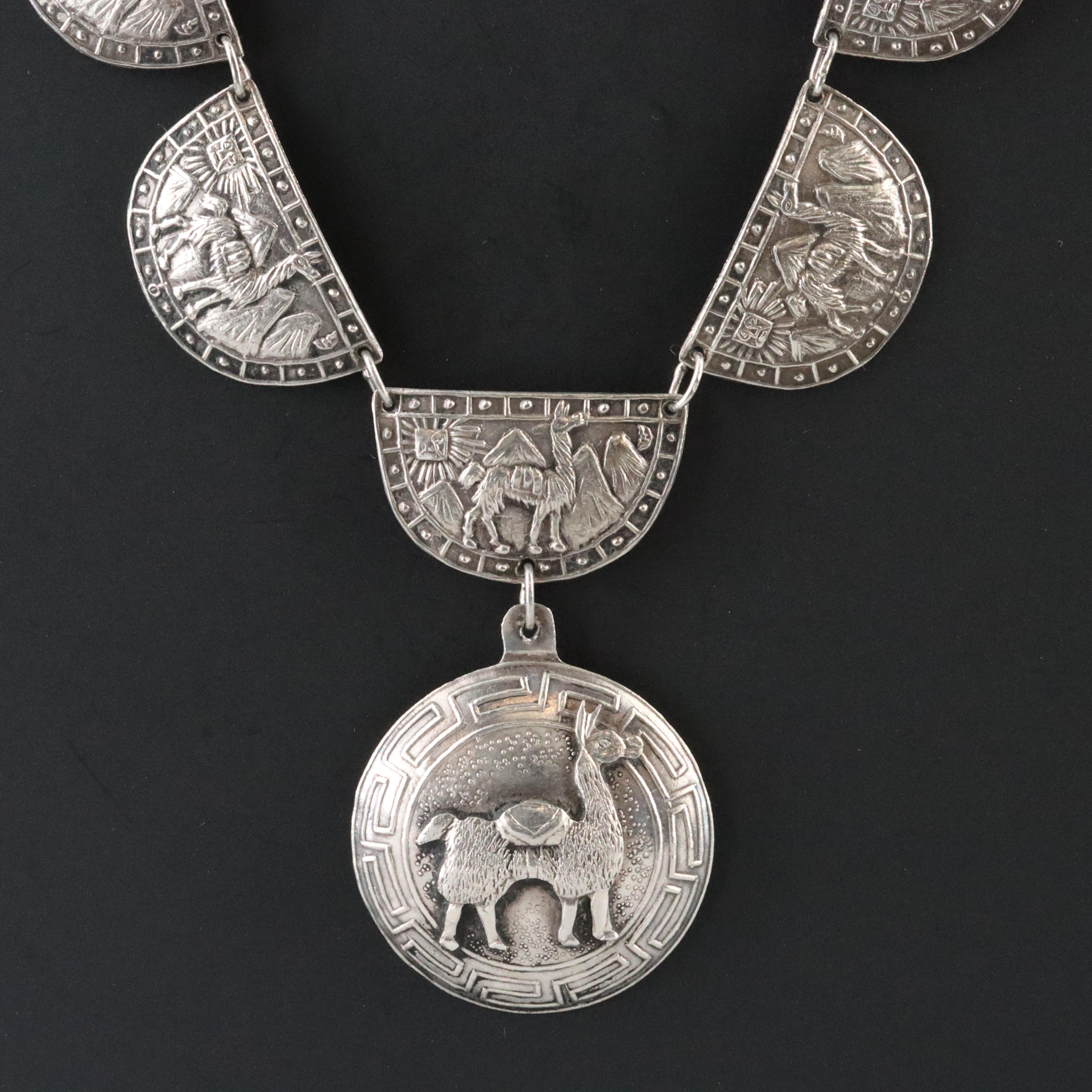 Vintage Peruvian Sterling Llama and Andes Mountains Necklace