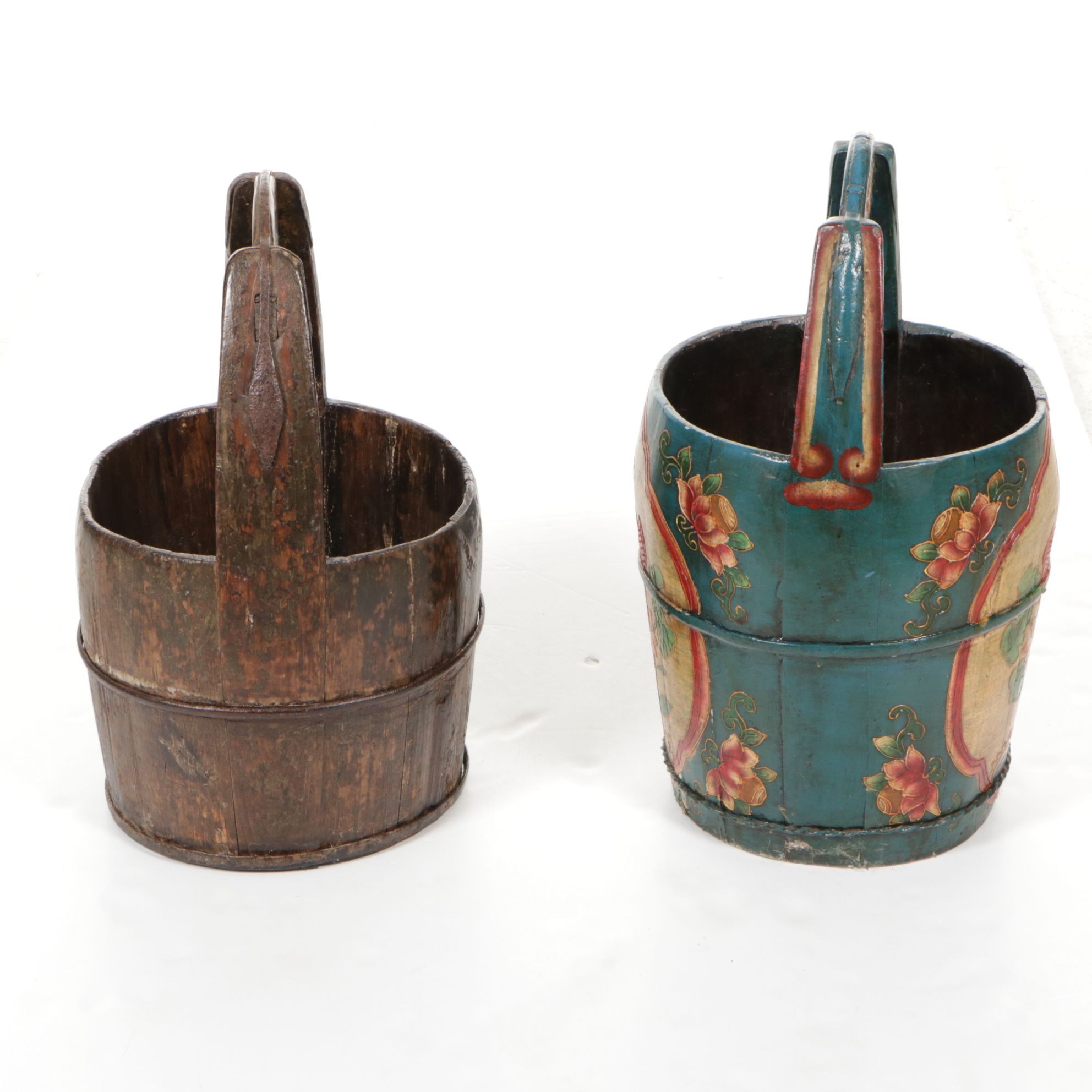 Hand-Painted and Iron Mounted Chinese Barrel Buckets