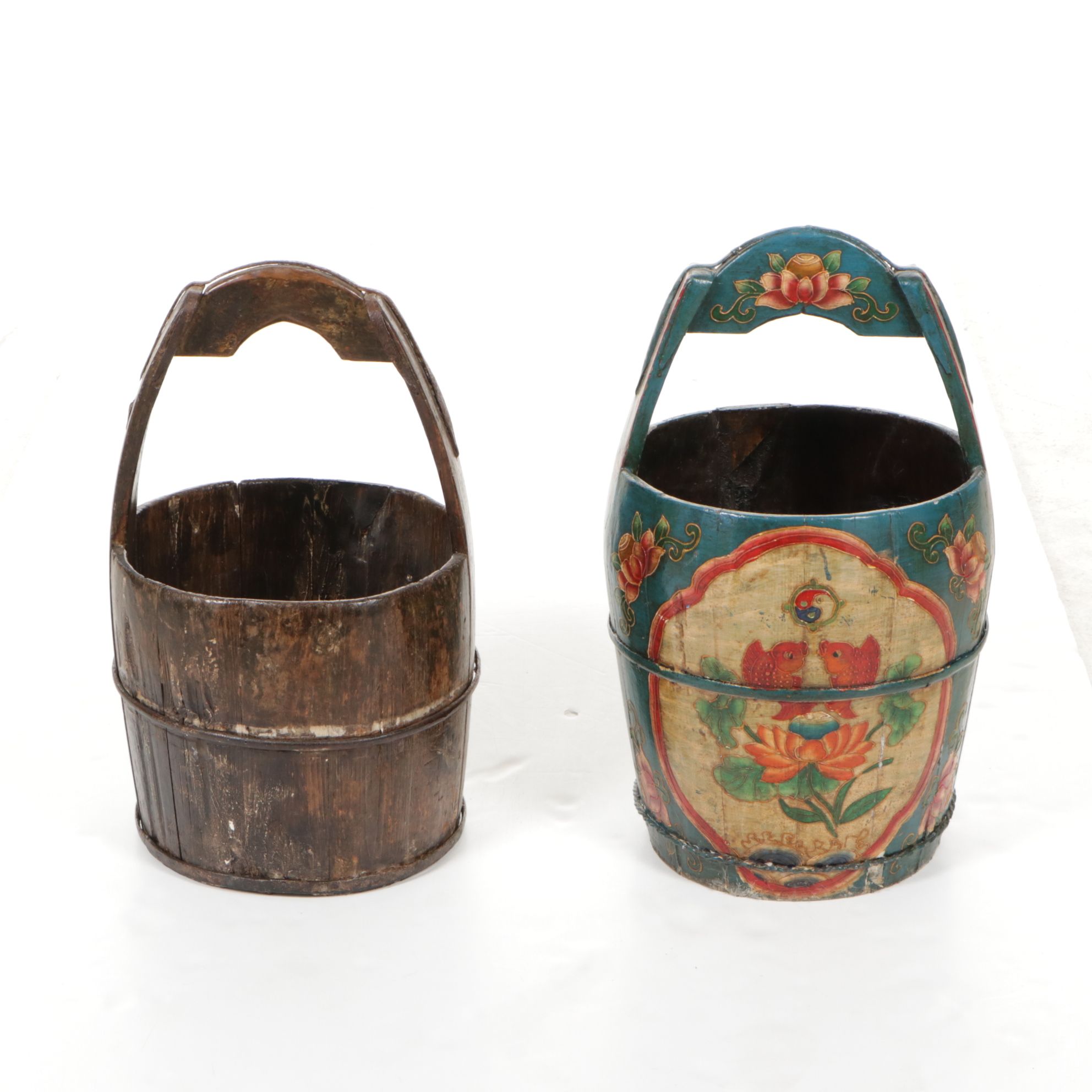 Hand-Painted and Iron Mounted Chinese Barrel Buckets