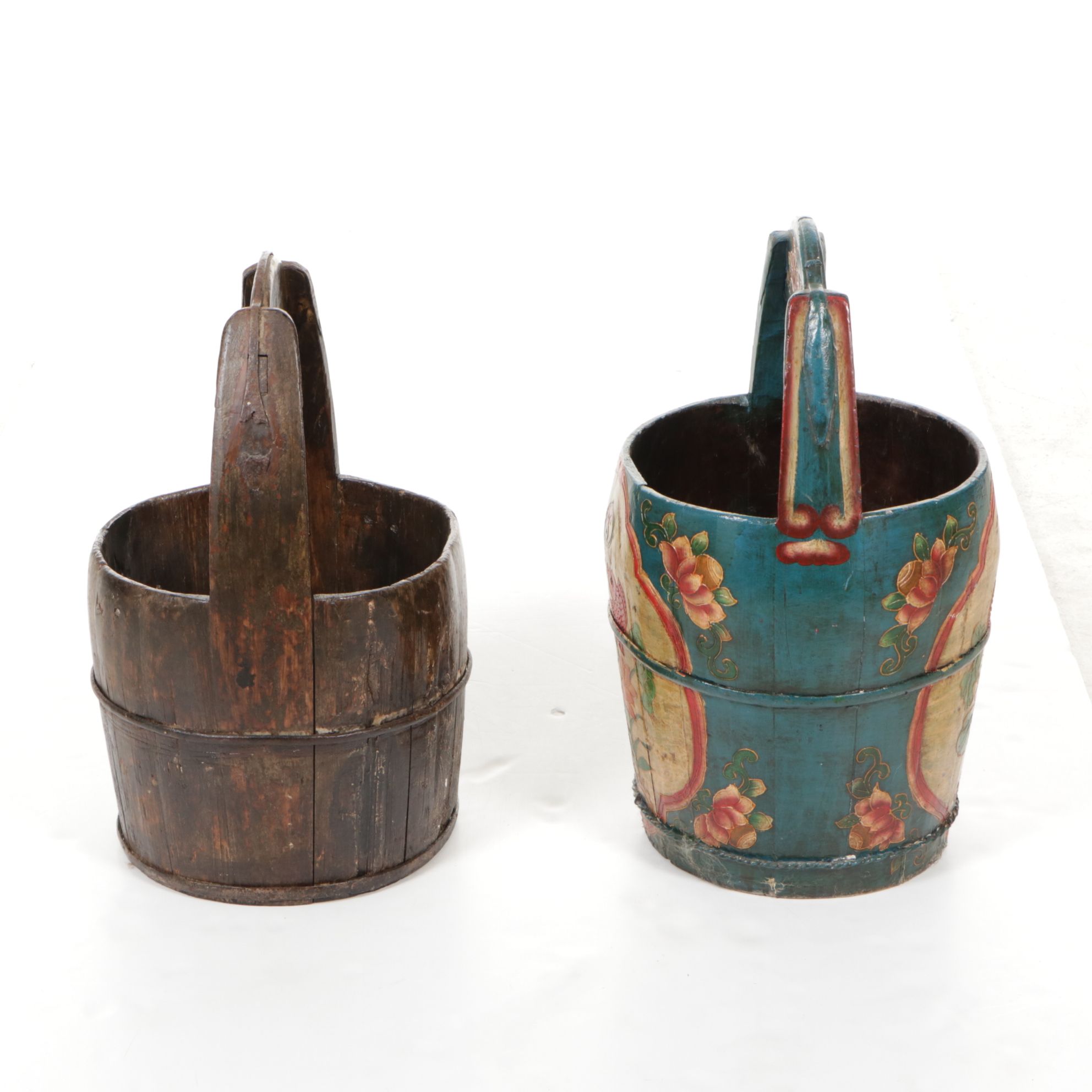 Hand-Painted and Iron Mounted Chinese Barrel Buckets