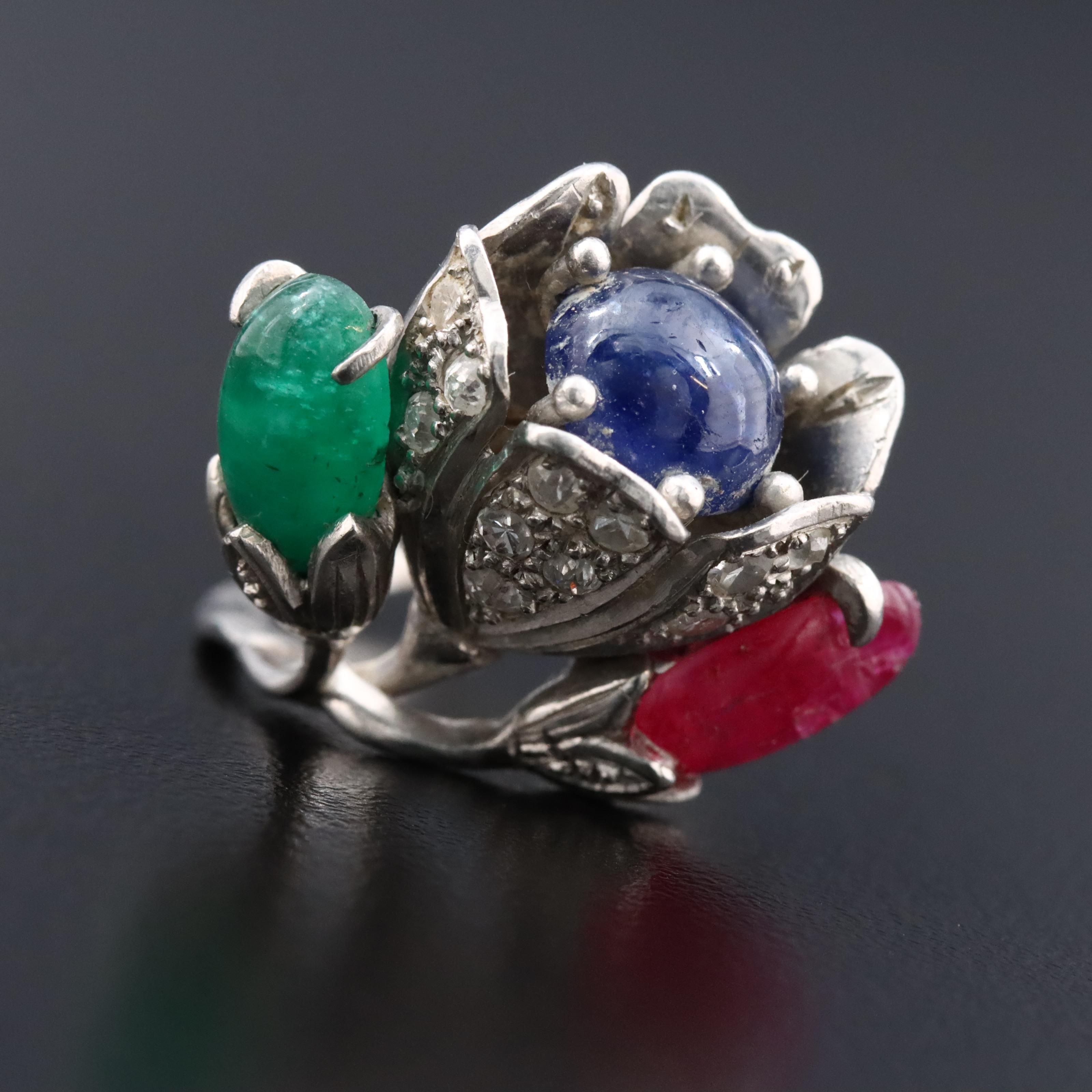 Platinum Sapphire, Emerald, Ruby, and Diamond Flower Ring
