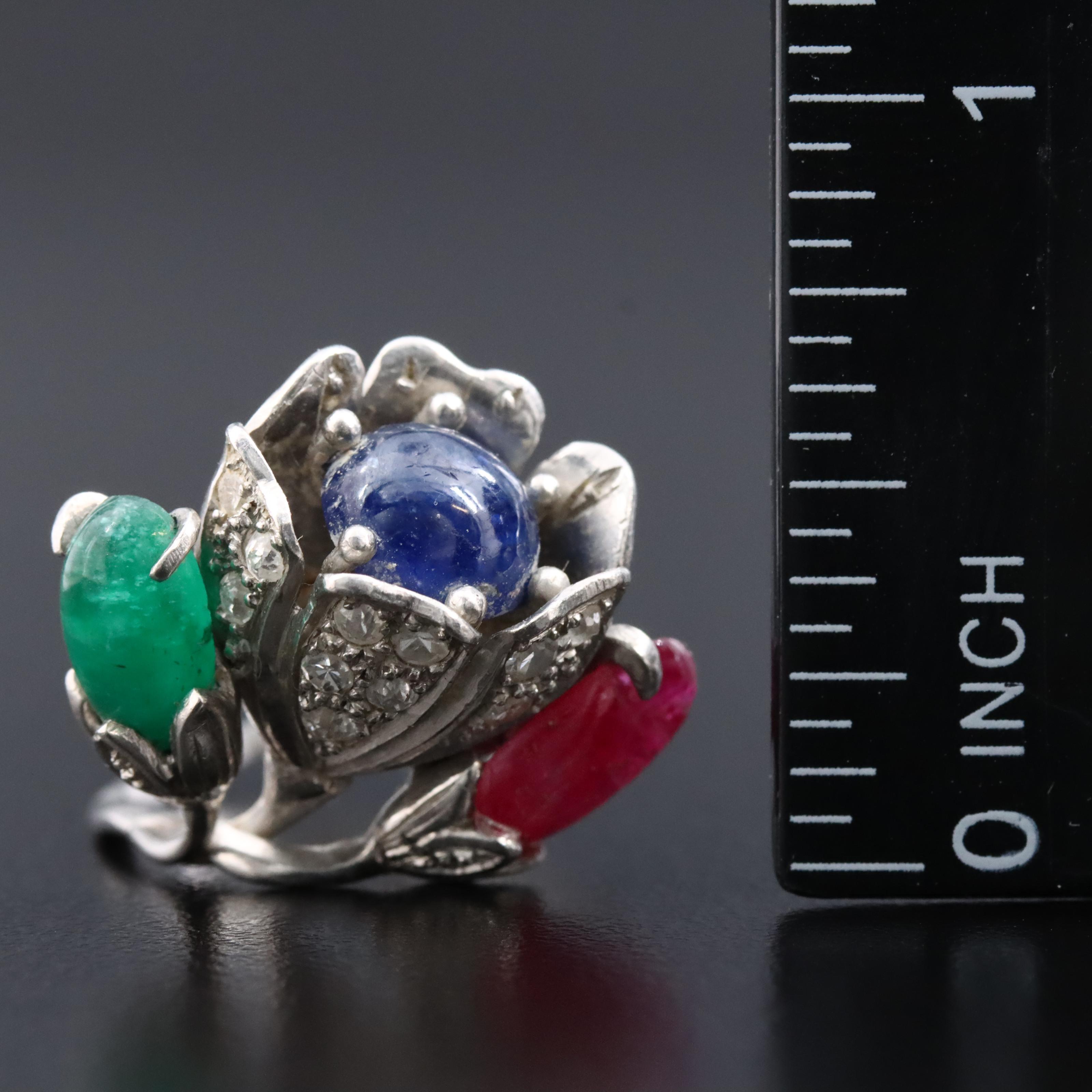 Platinum Sapphire, Emerald, Ruby, and Diamond Flower Ring