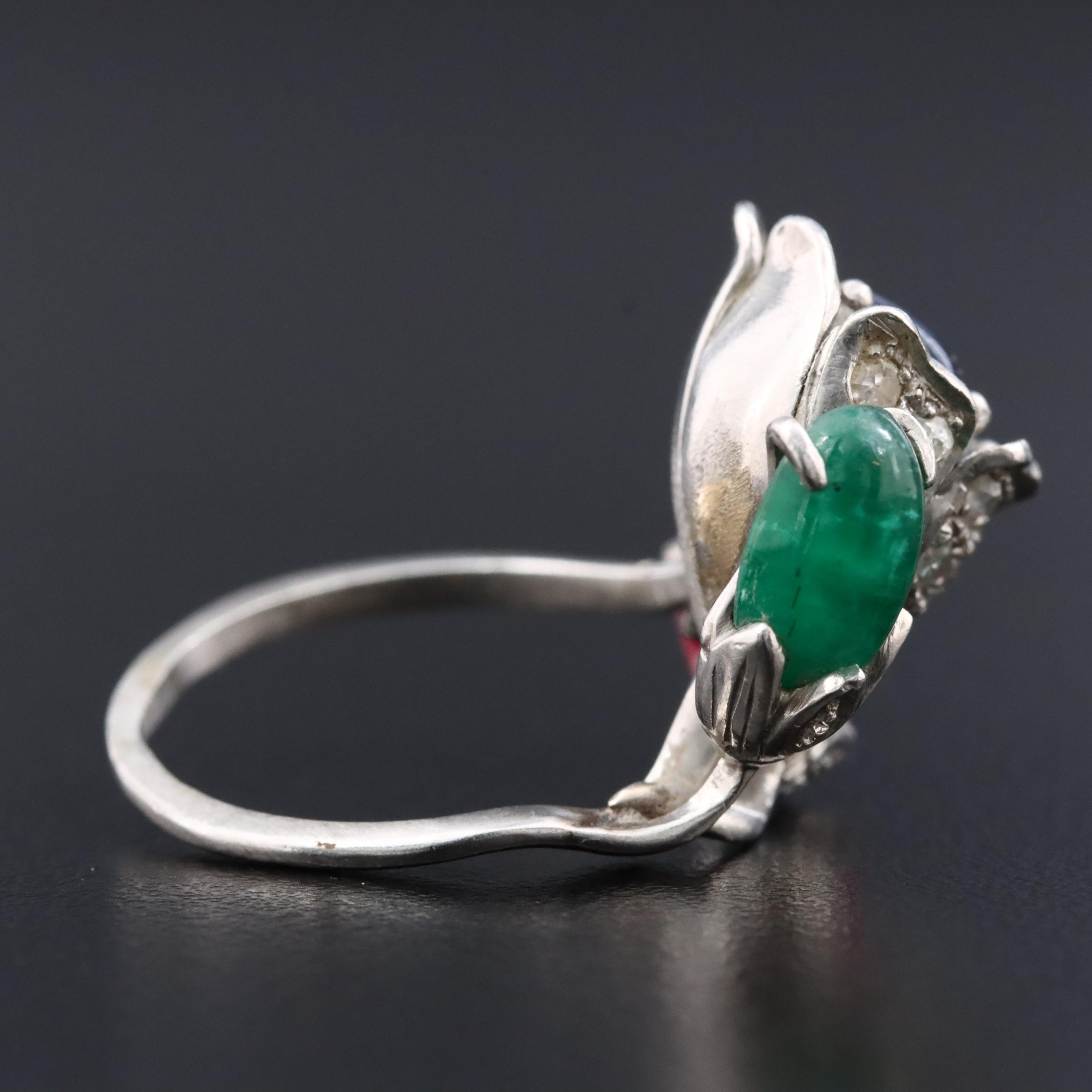 Platinum Sapphire, Emerald, Ruby, and Diamond Flower Ring