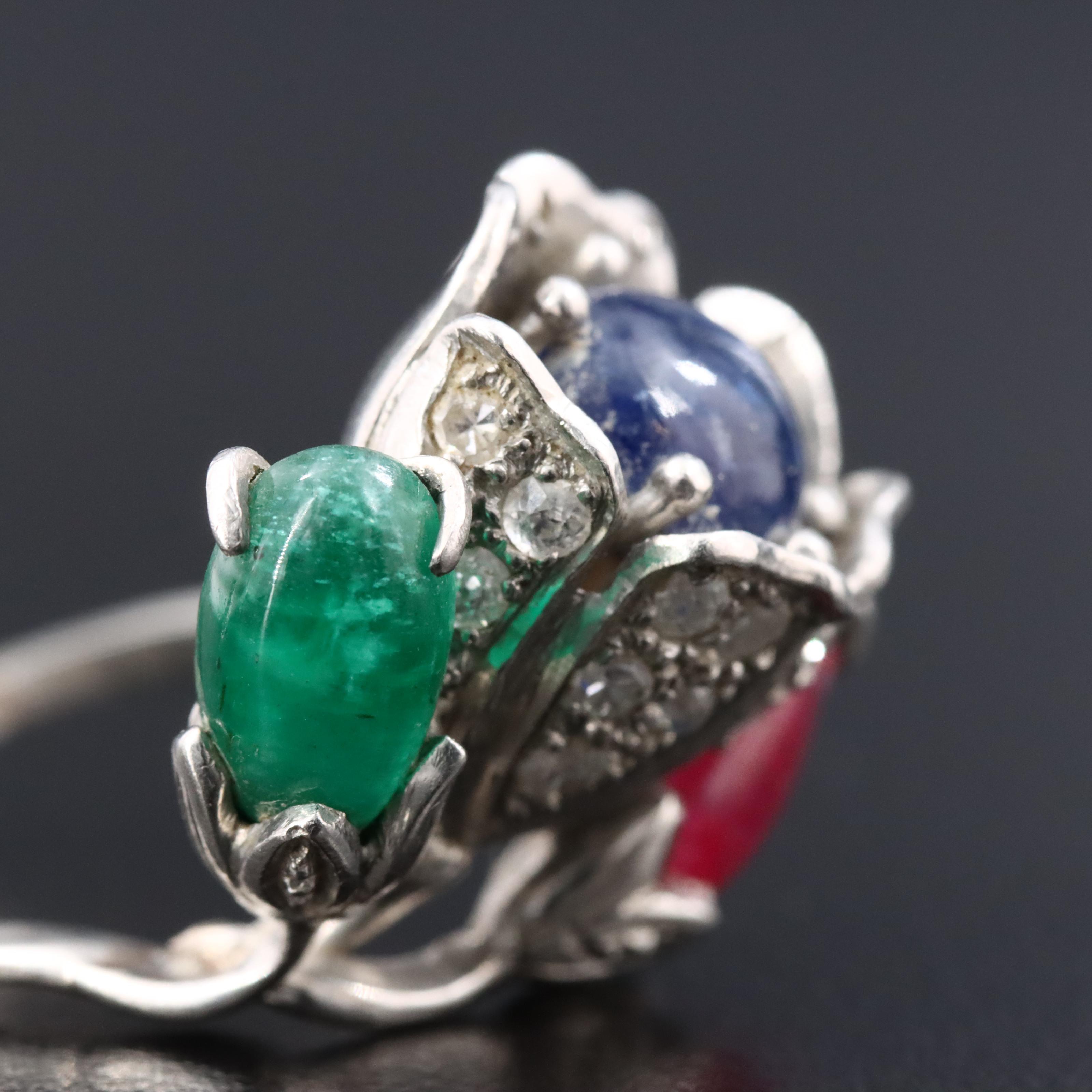 Platinum Sapphire, Emerald, Ruby, and Diamond Flower Ring