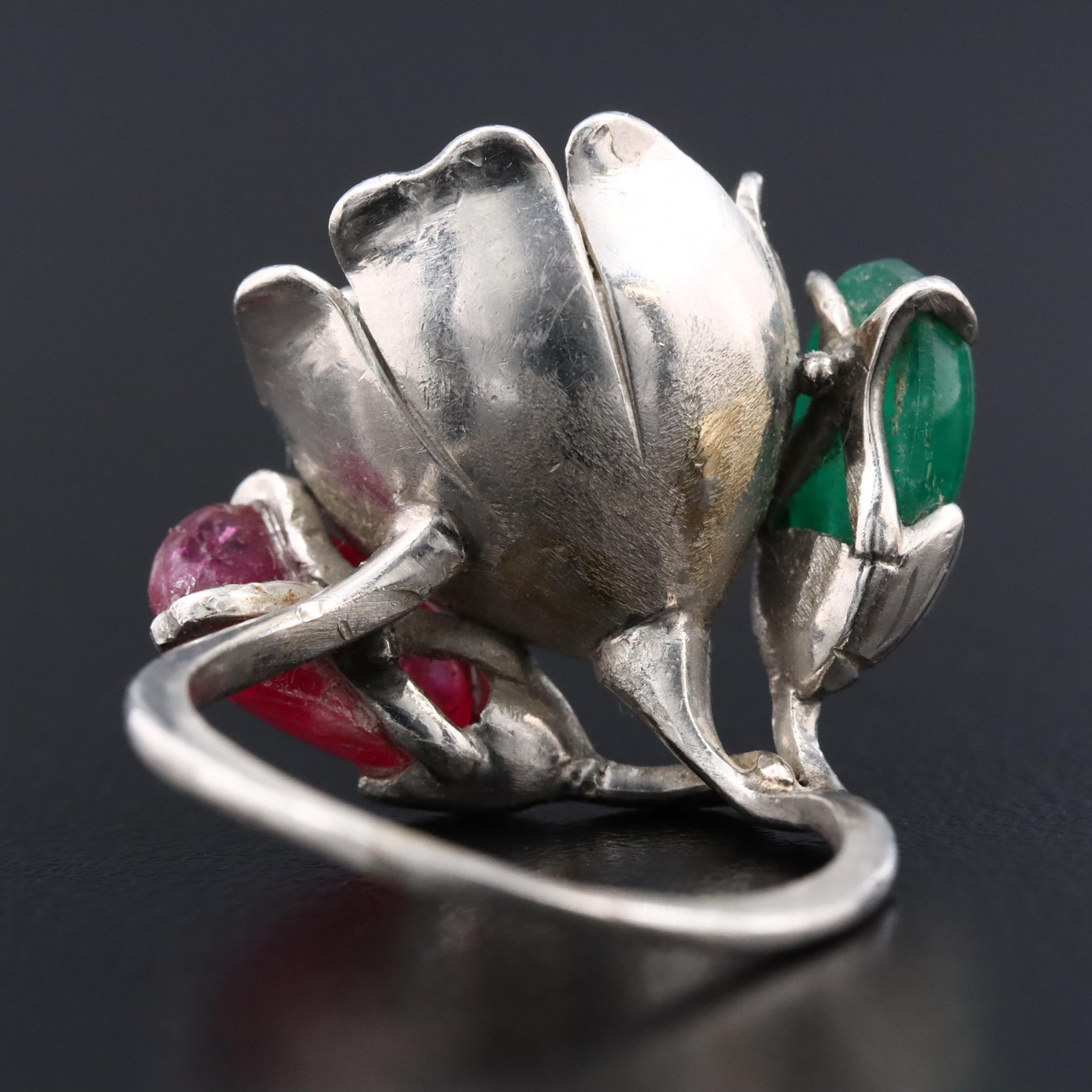 Platinum Sapphire, Emerald, Ruby, and Diamond Flower Ring