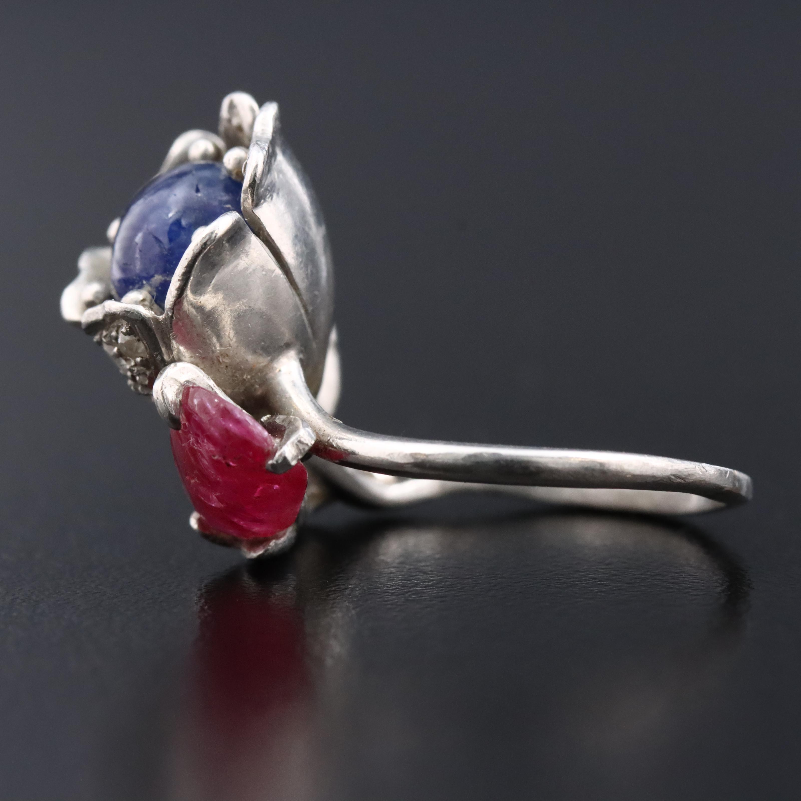 Platinum Sapphire, Emerald, Ruby, and Diamond Flower Ring