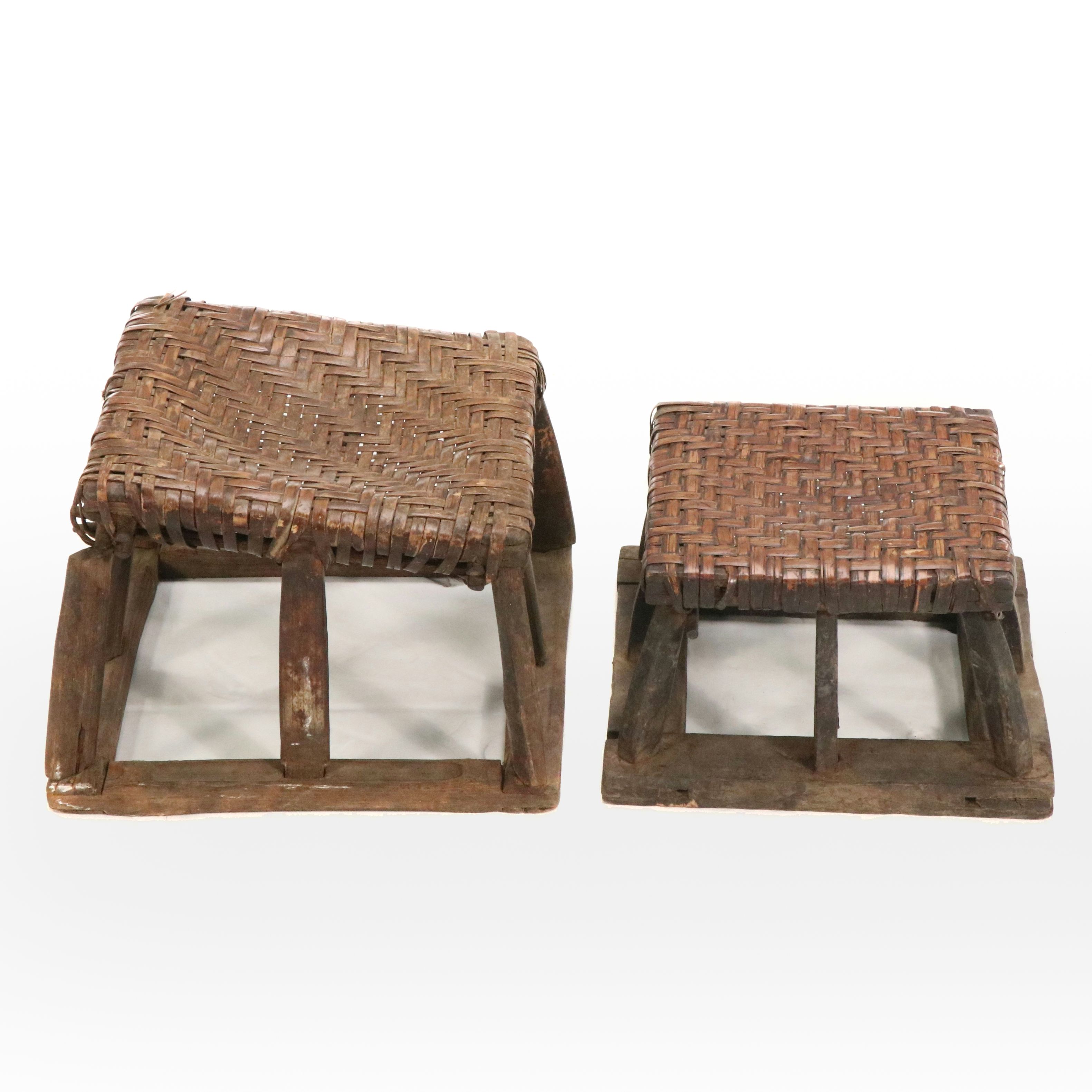 Pair of Woven and Wooden Siheyuan Stools
