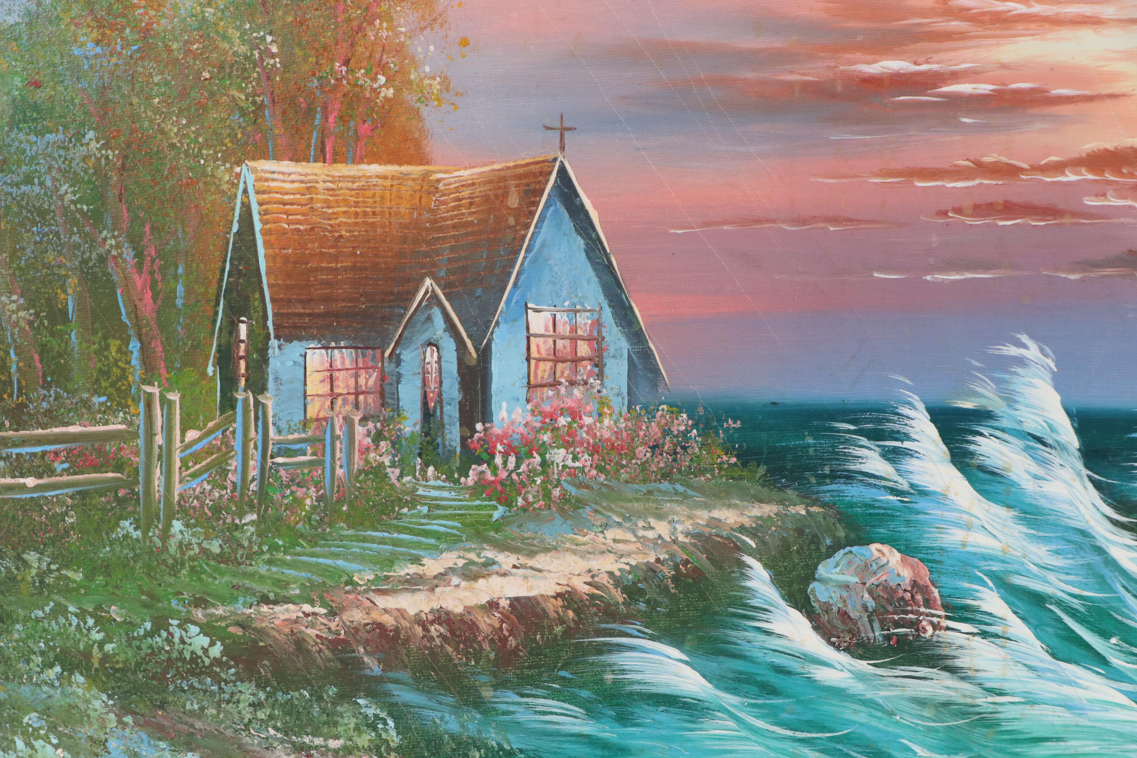 Coastal Cottage Landscape Oil Painting, Circa 1980