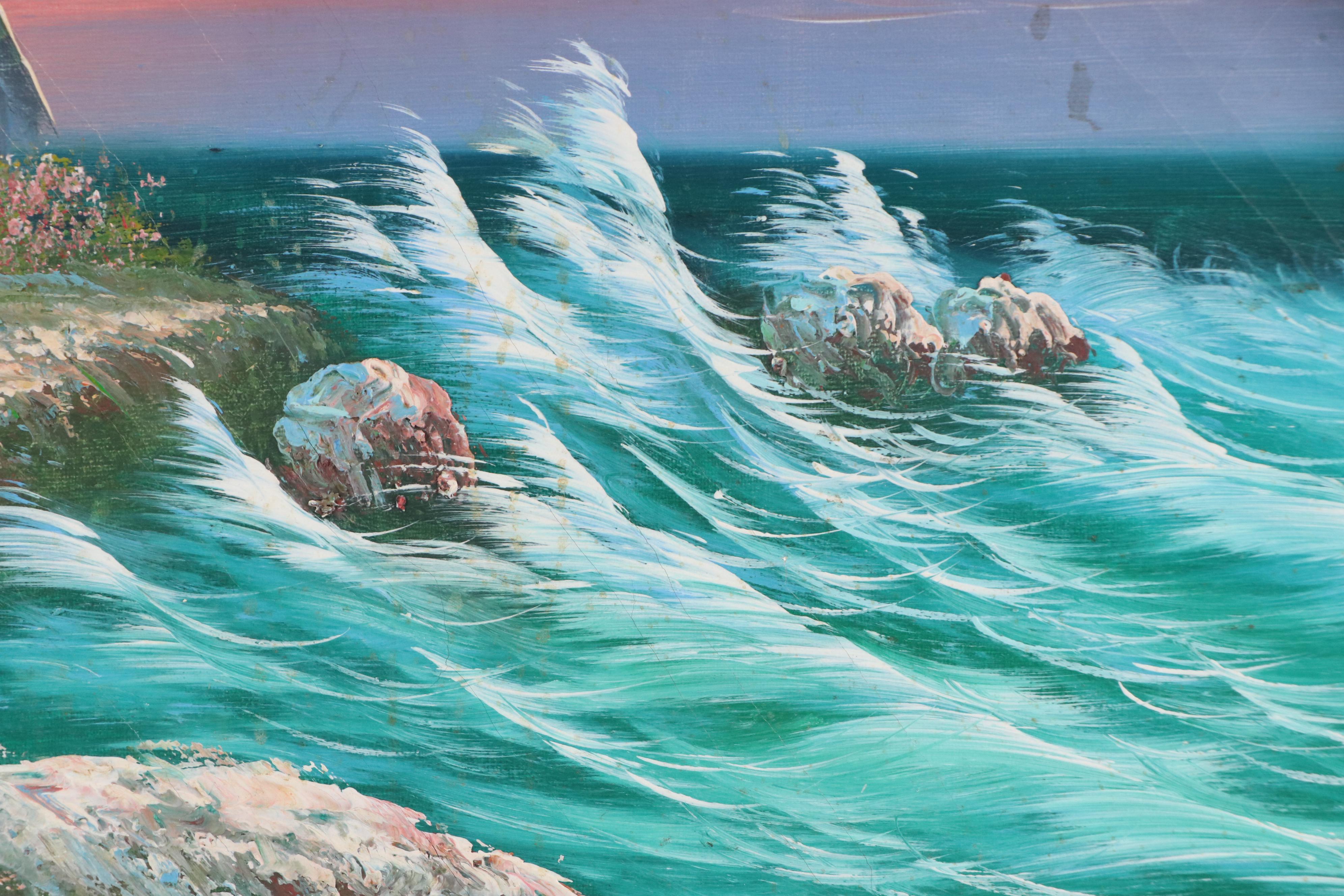 Coastal Cottage Landscape Oil Painting, Circa 1980