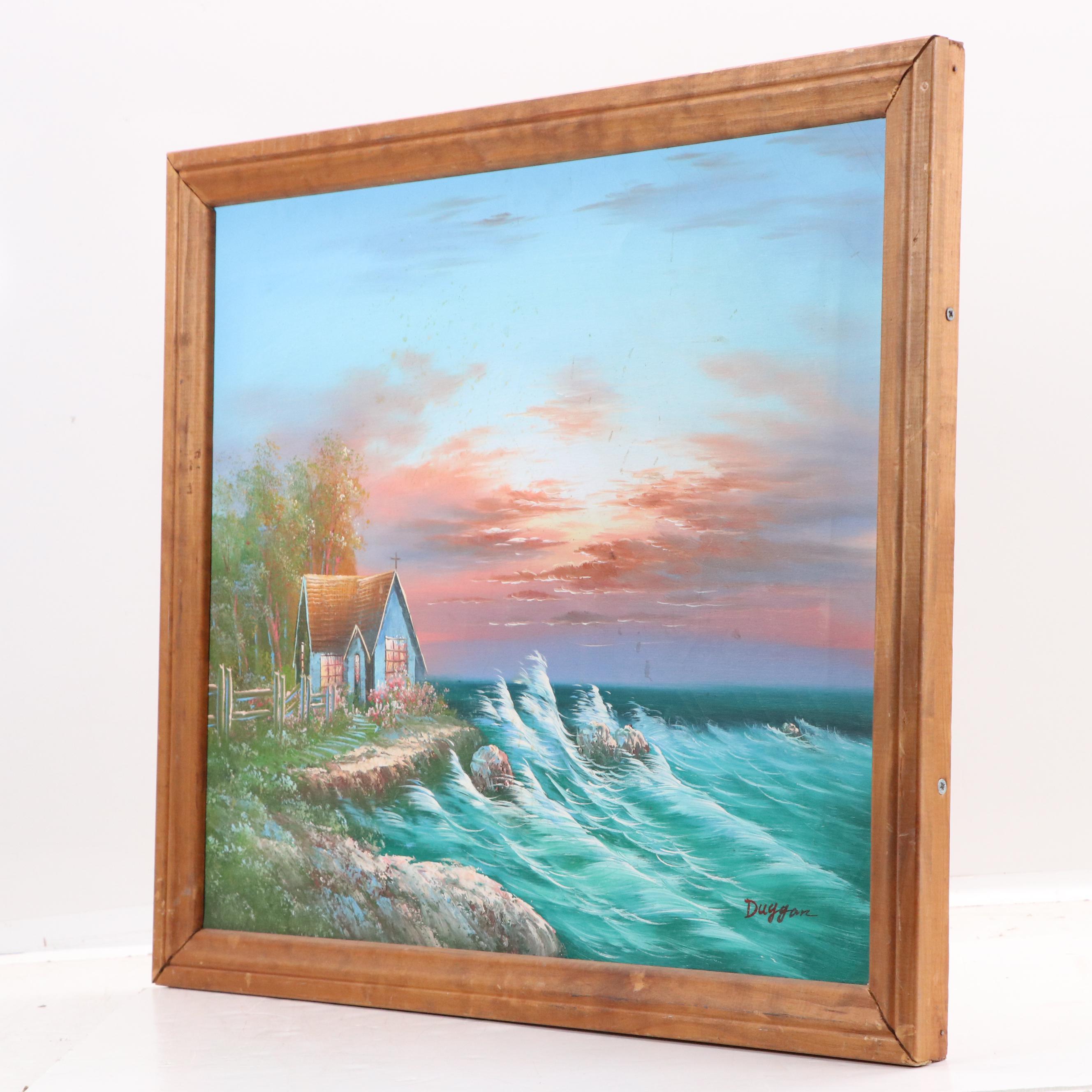 Coastal Cottage Landscape Oil Painting, Circa 1980