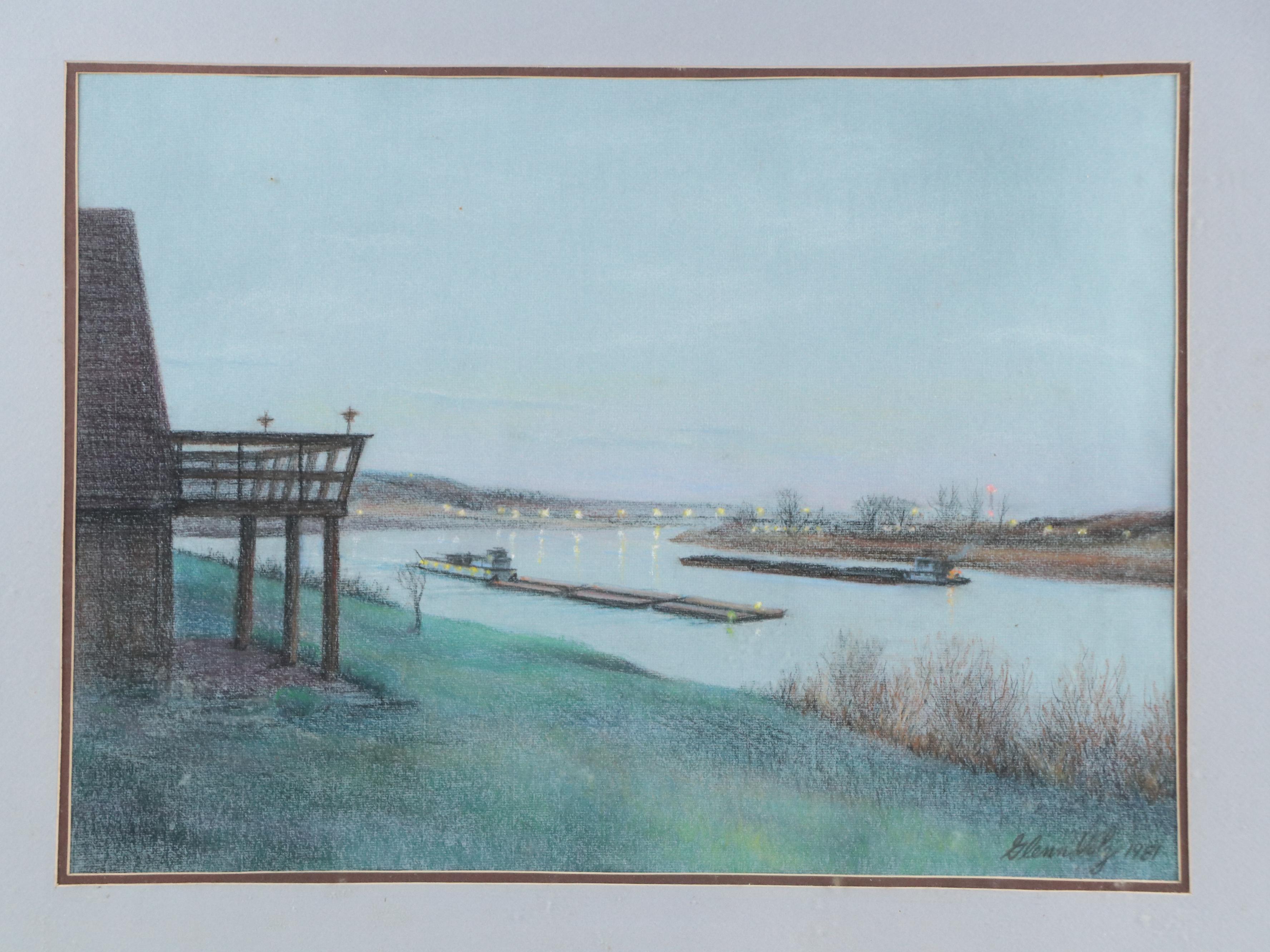 Glenn Volz Chalk Pastel Landscape Drawing with River Barges, 1981