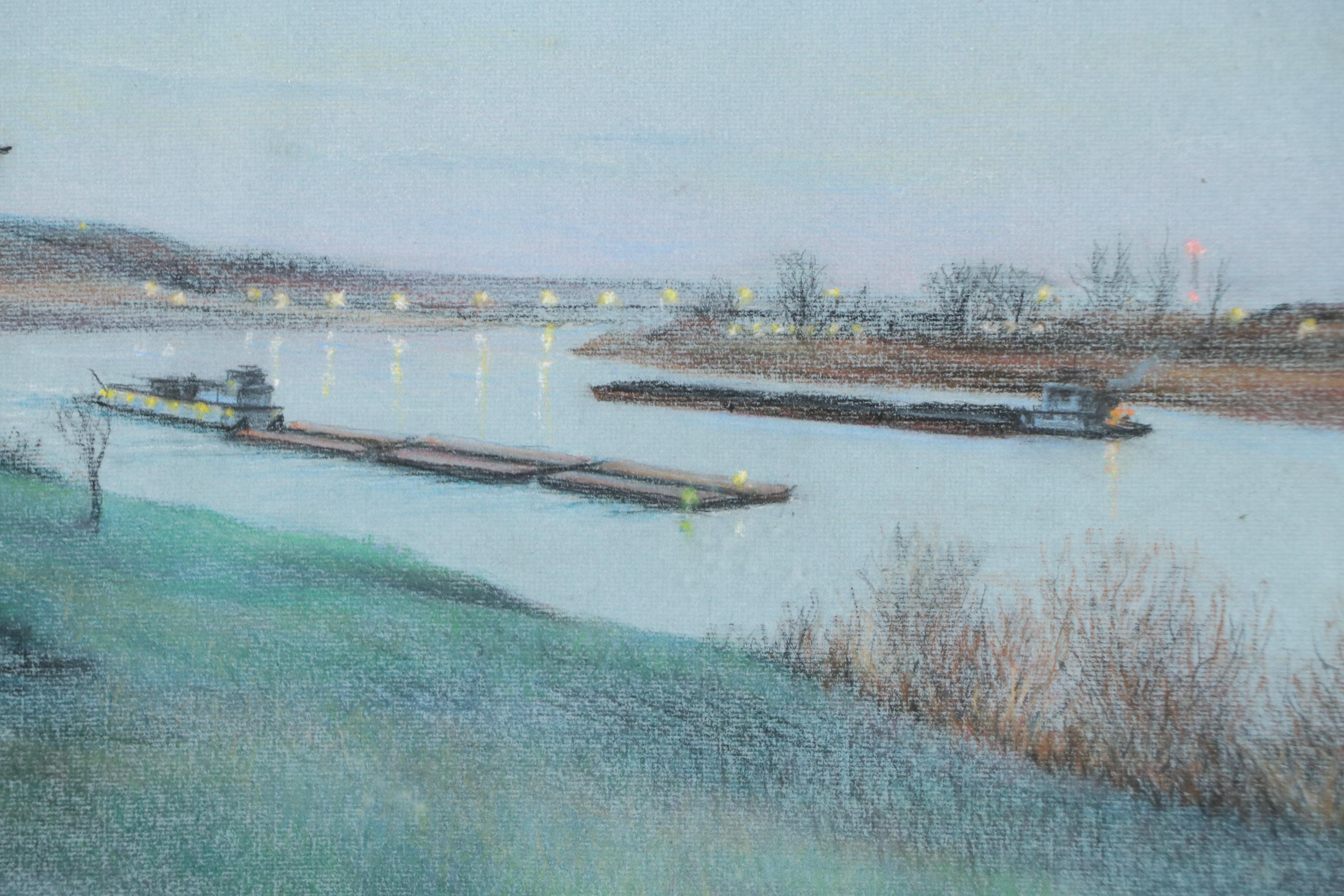 Glenn Volz Chalk Pastel Landscape Drawing with River Barges, 1981