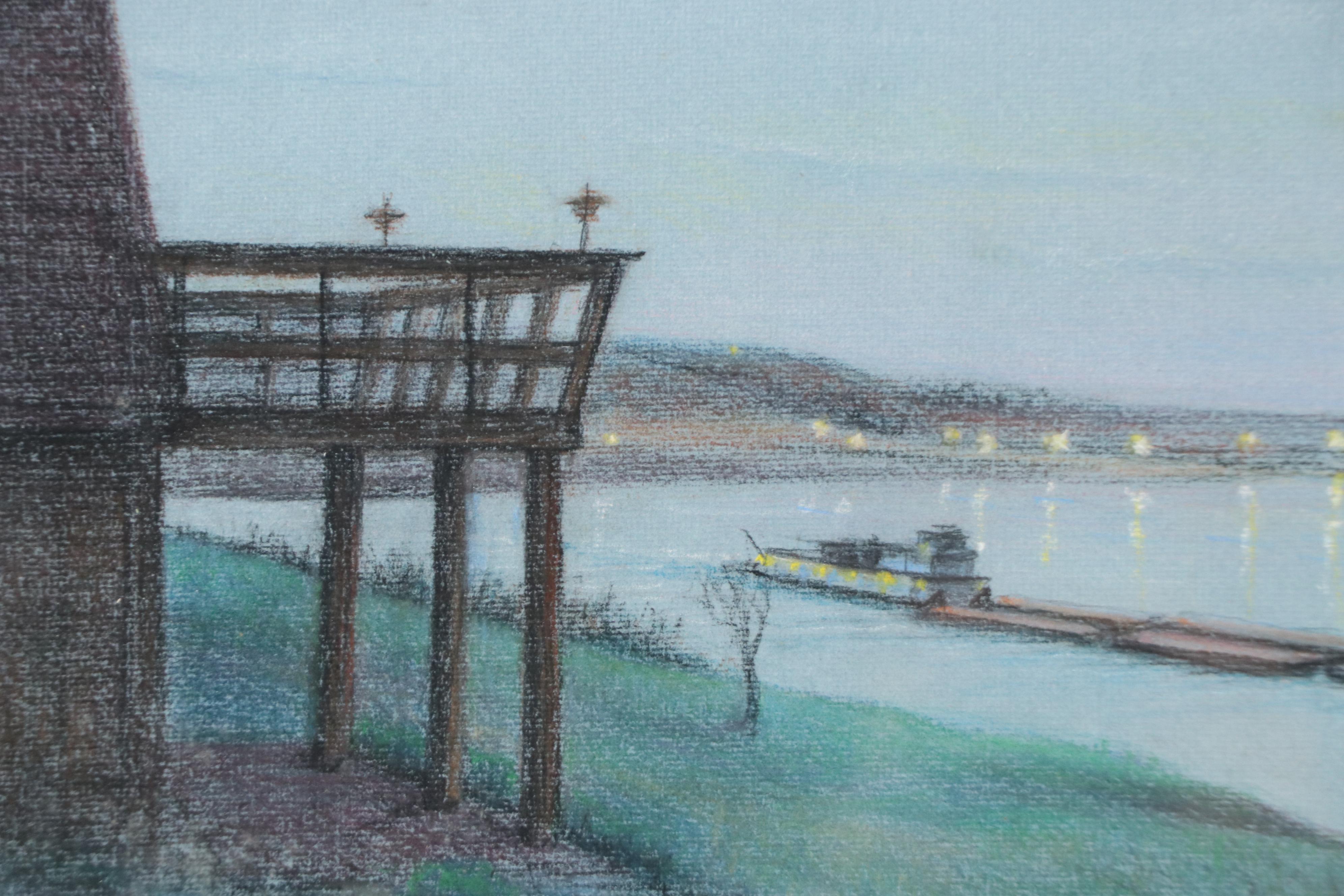 Glenn Volz Chalk Pastel Landscape Drawing with River Barges, 1981