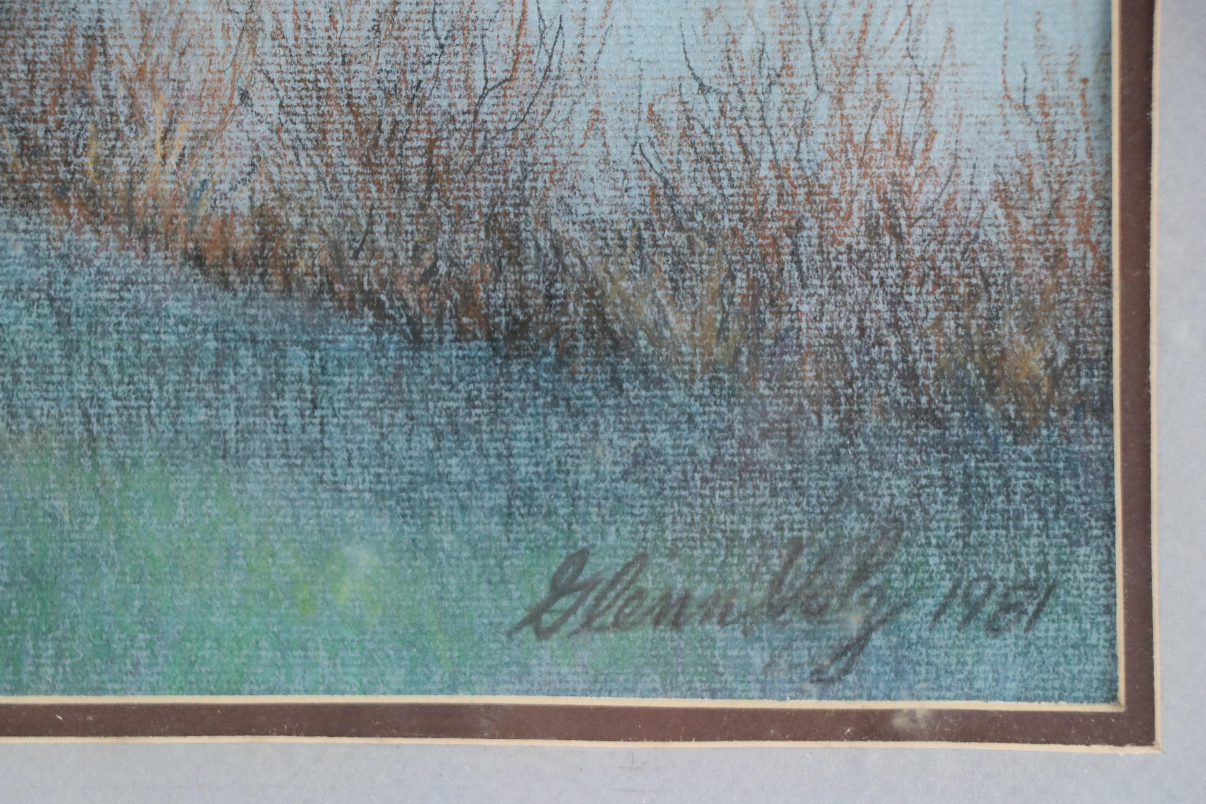 Glenn Volz Chalk Pastel Landscape Drawing with River Barges, 1981