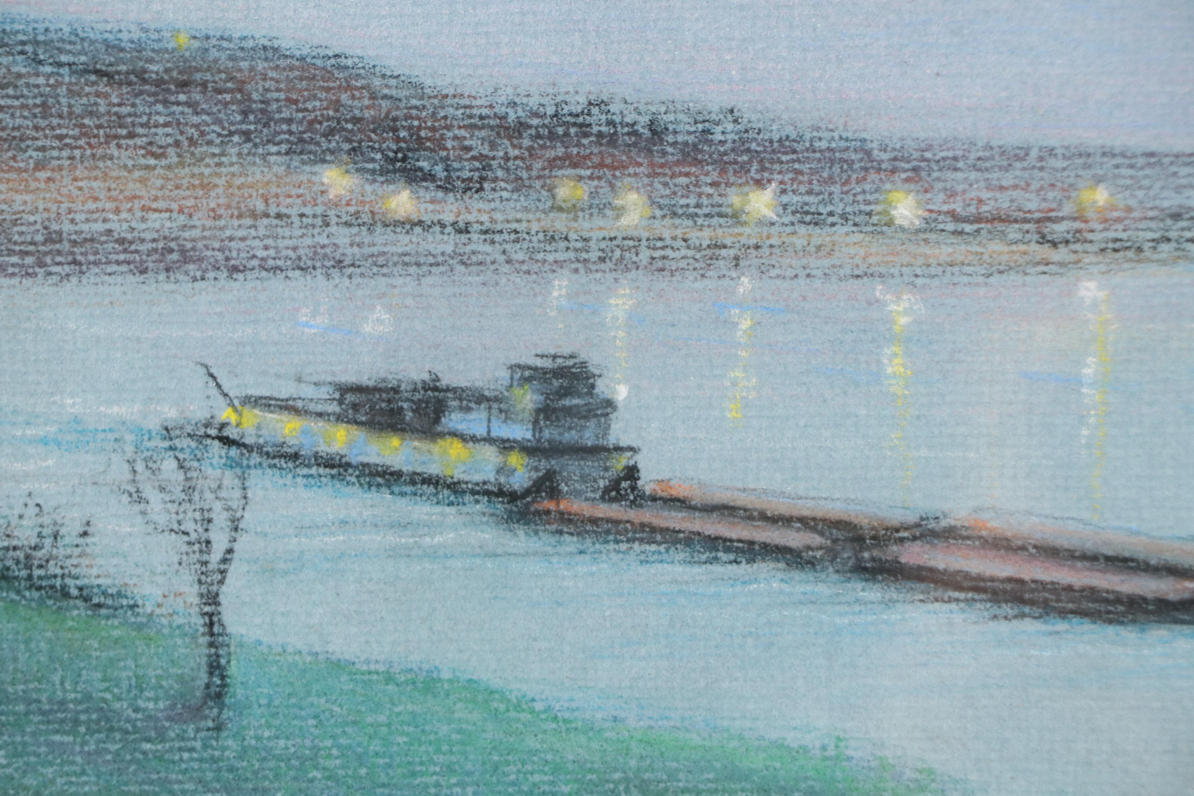 Glenn Volz Chalk Pastel Landscape Drawing with River Barges, 1981
